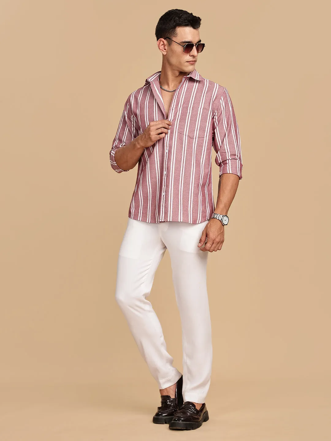 Oxford Maroon Regular Stripes Shirt