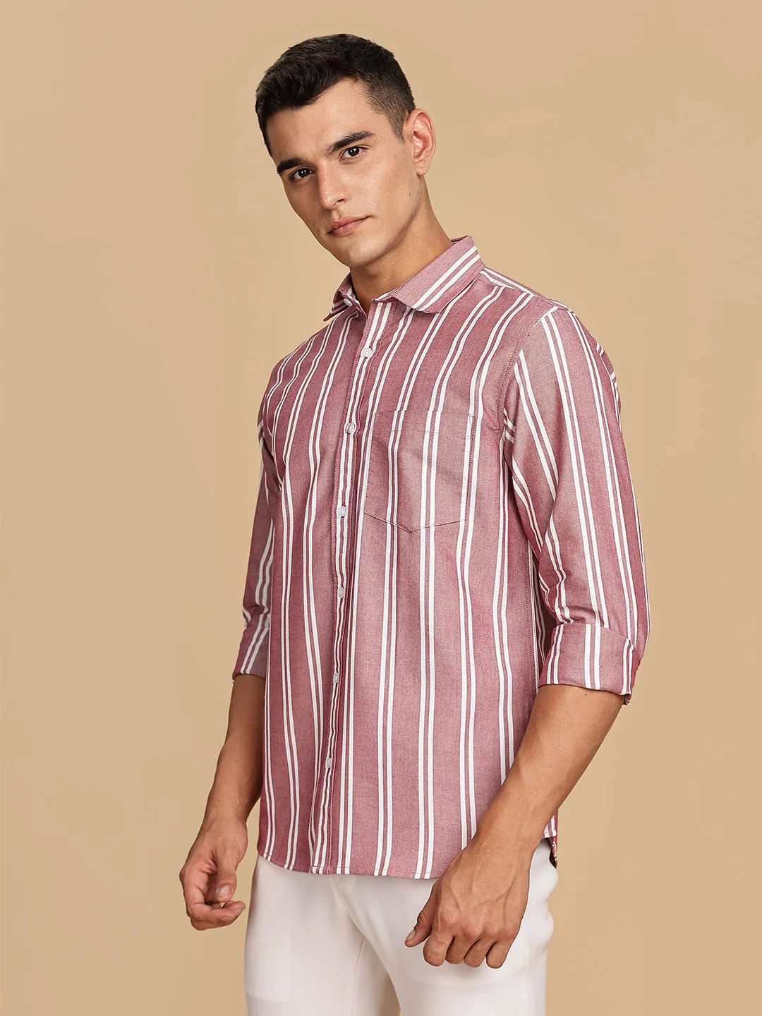 Oxford Maroon Regular Stripes Shirt