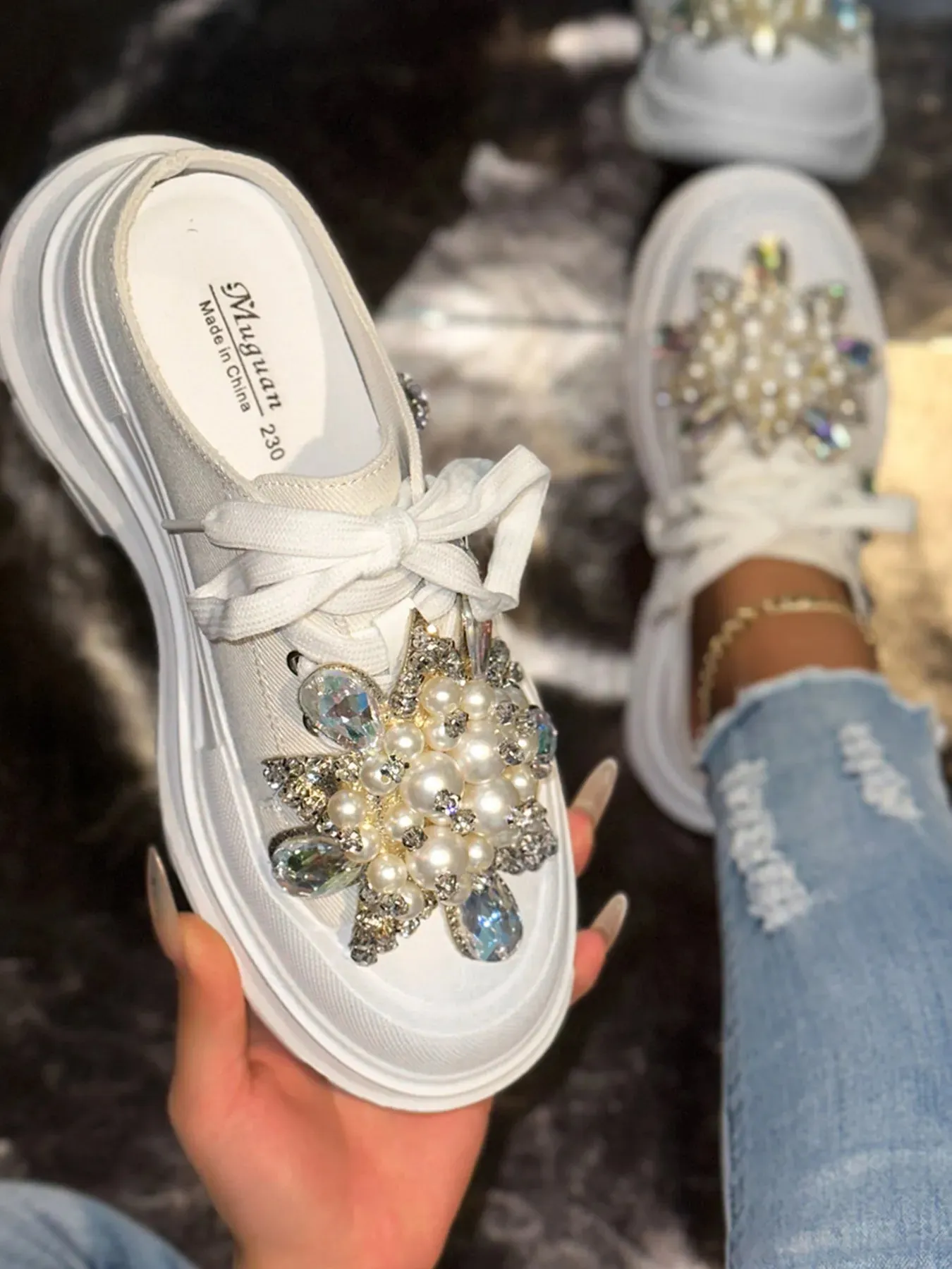 Pearl Embellished Platform Slip-Ons