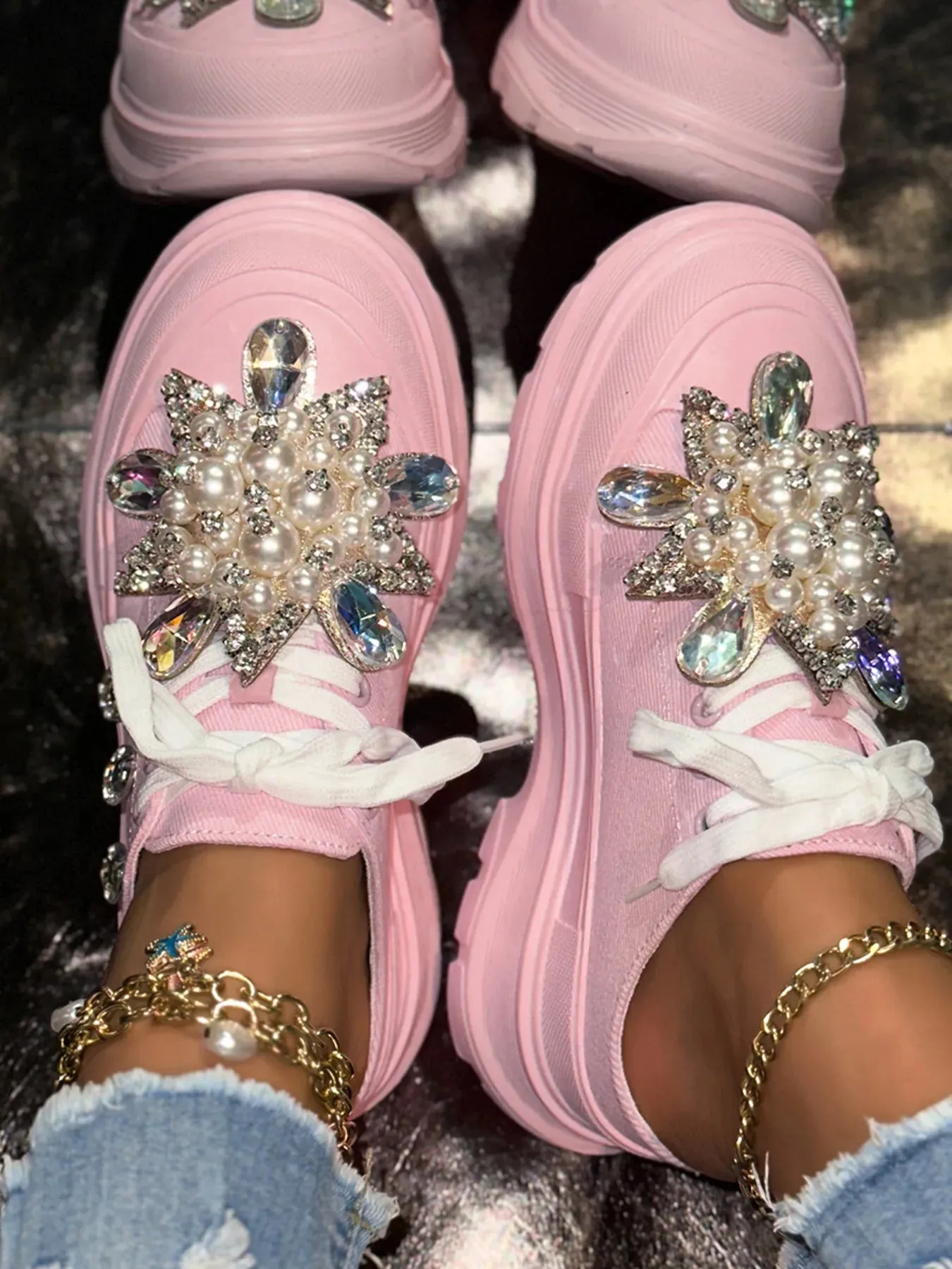 Pearl Embellished Platform Slip-Ons
