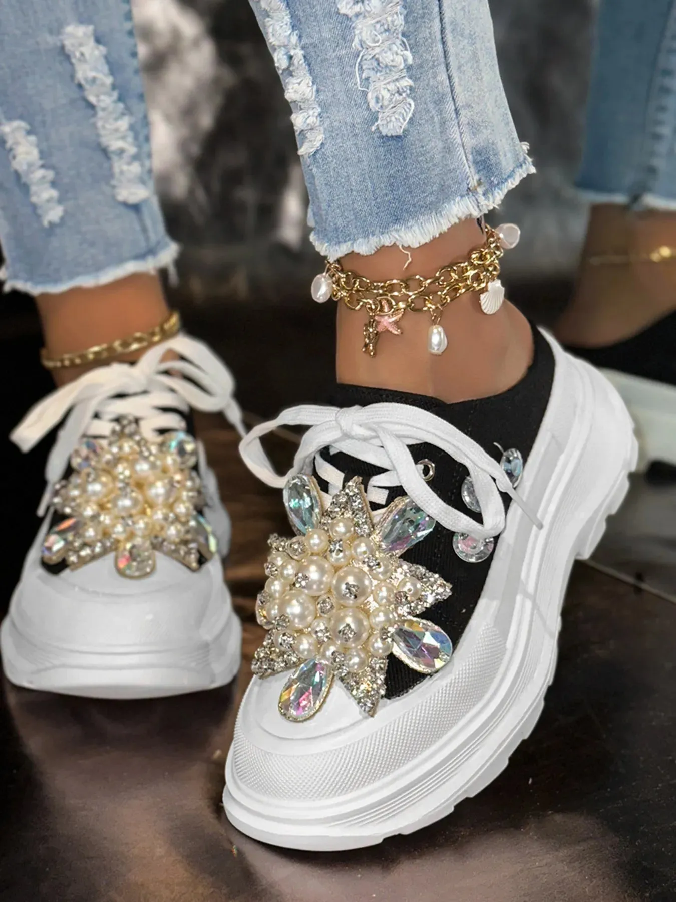 Pearl Embellished Platform Slip-Ons