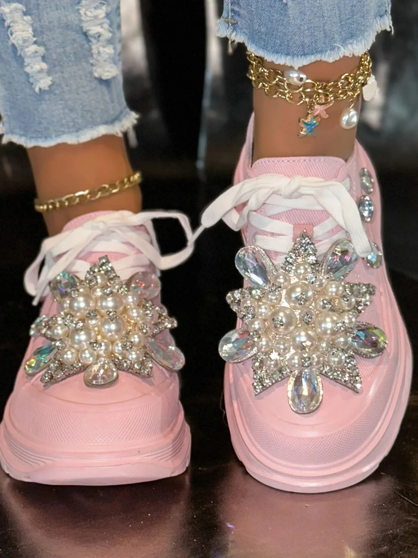 Pearl Embellished Platform Slip-Ons