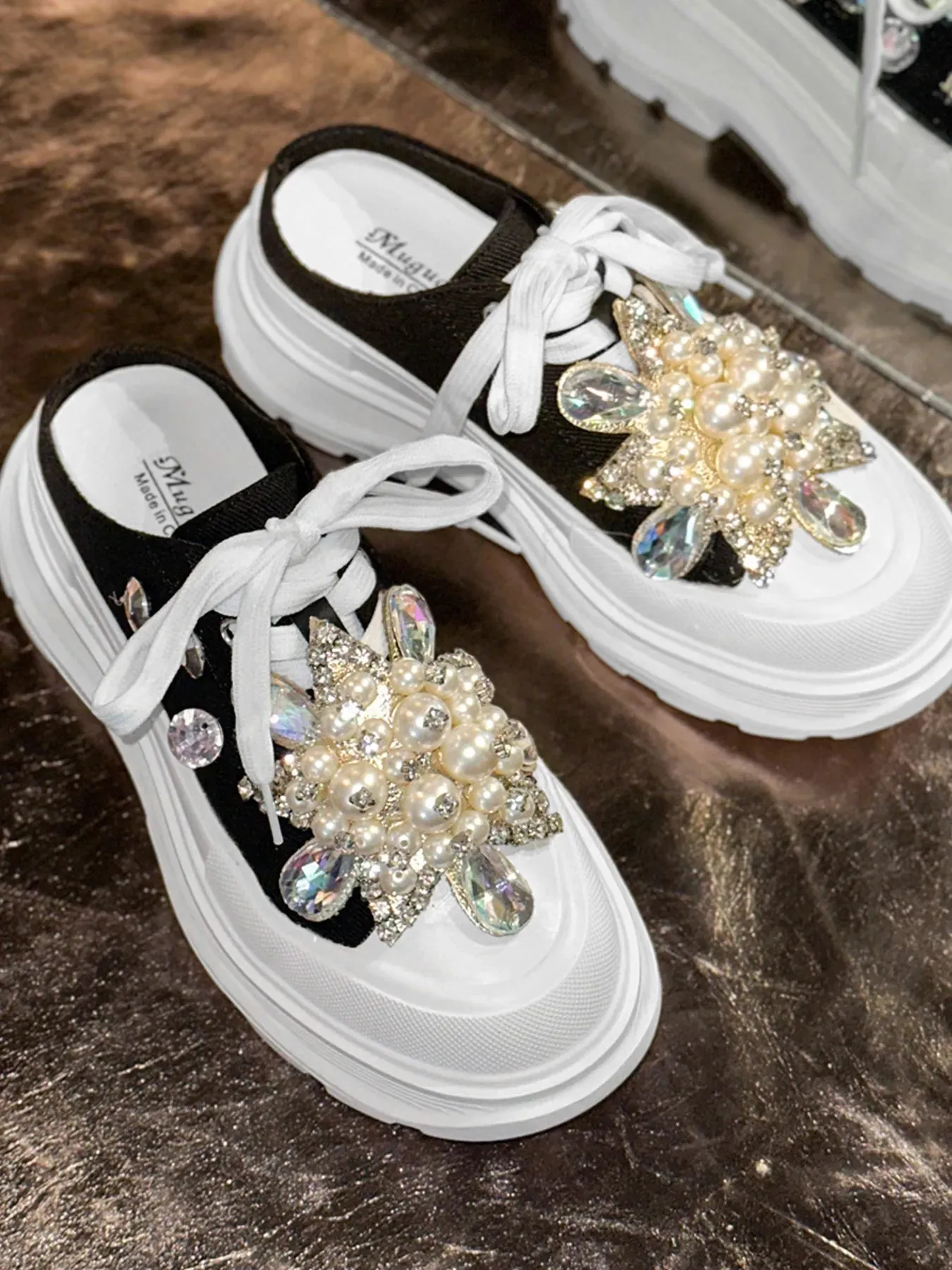 Pearl Embellished Platform Slip-Ons