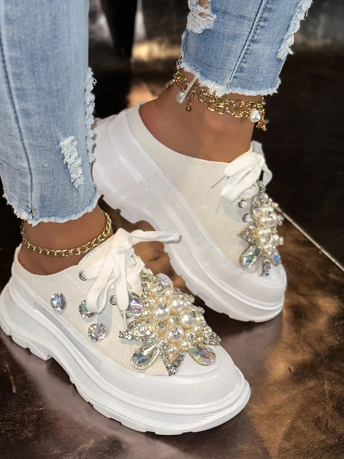 Pearl Embellished Platform Slip-Ons