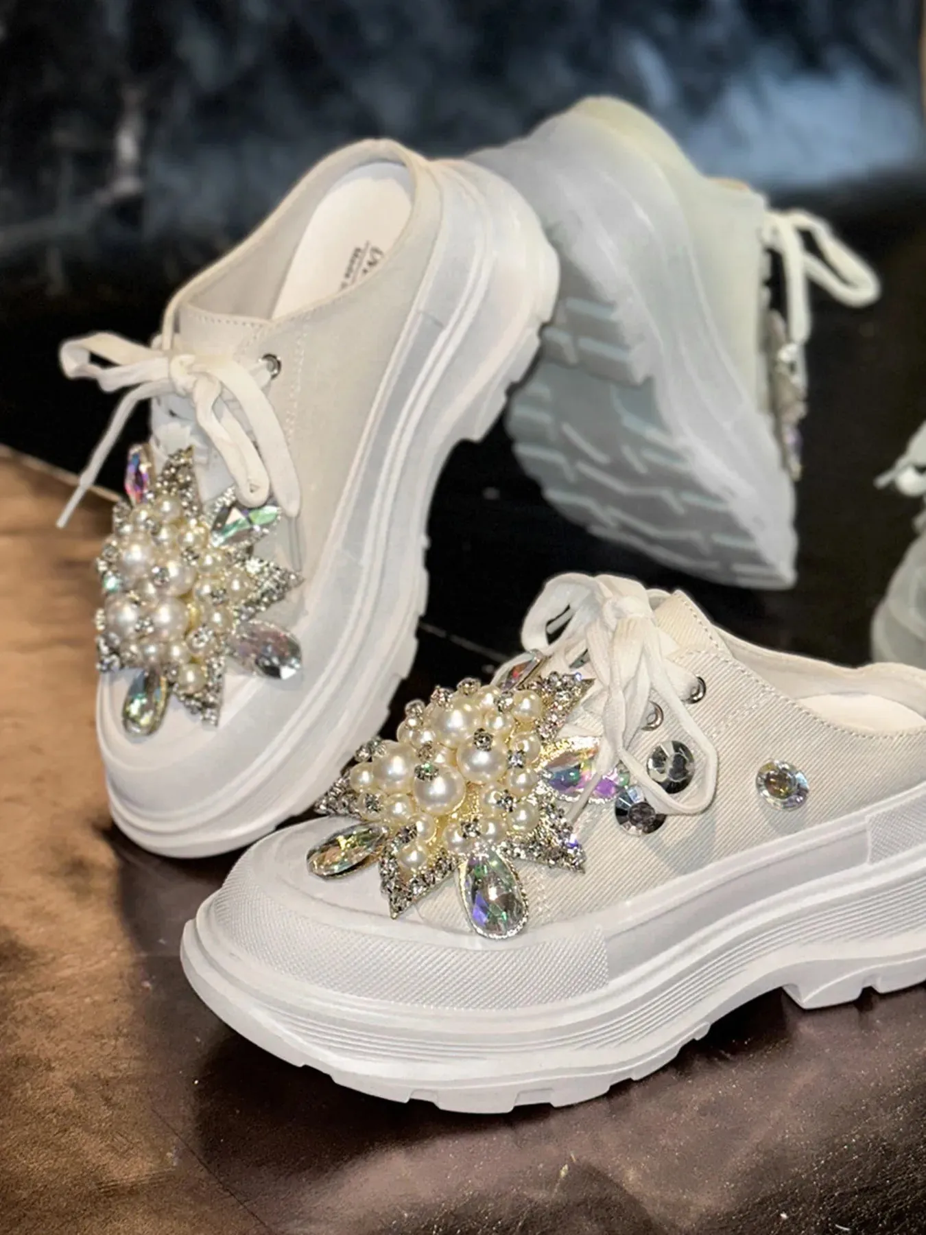 Pearl Embellished Platform Slip-Ons