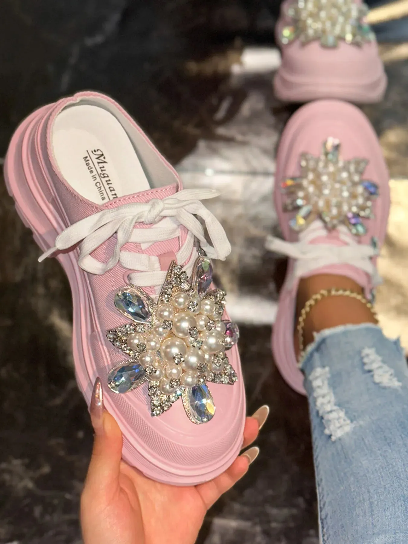 Pearl Embellished Platform Slip-Ons
