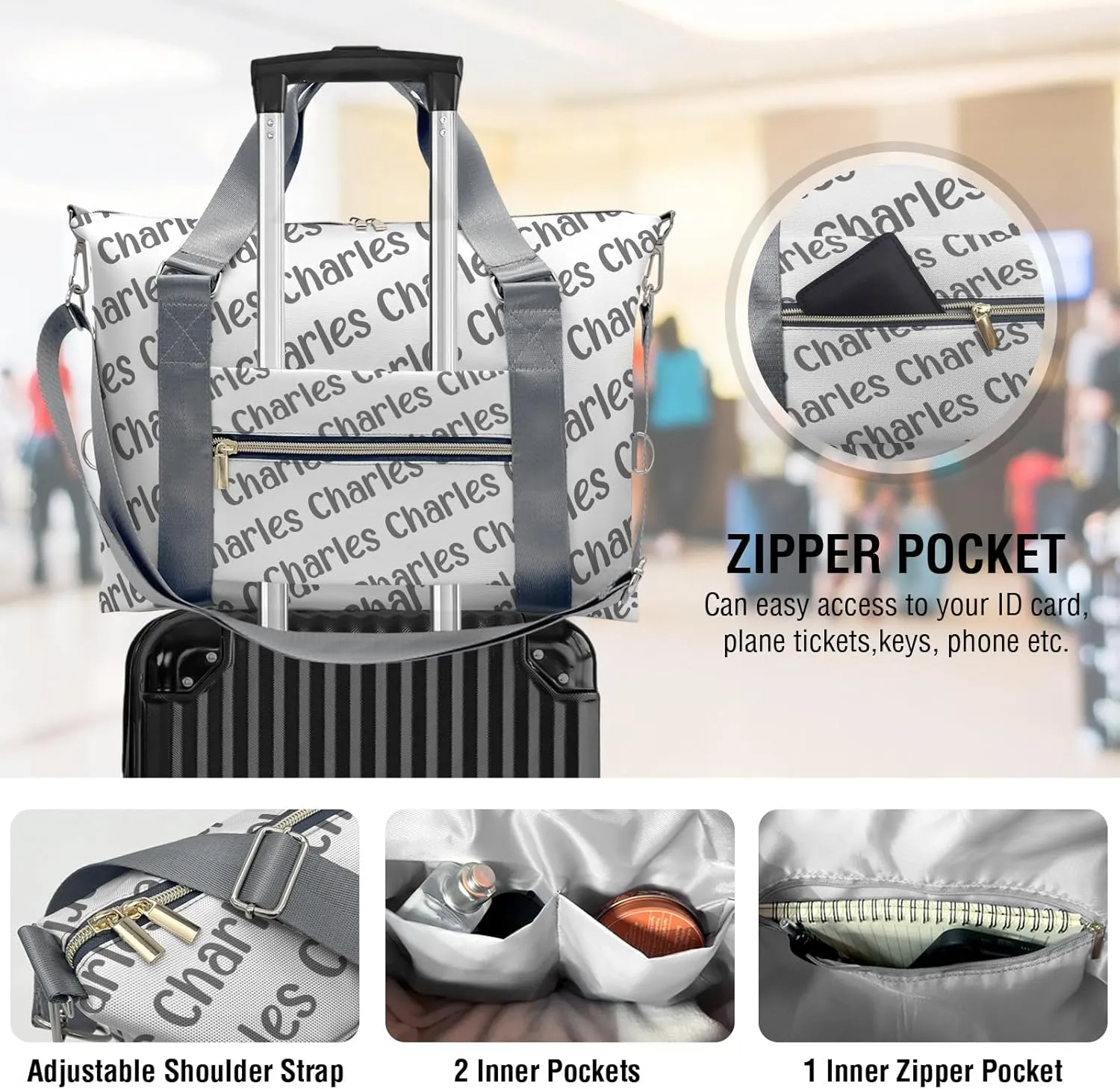 Personalized Initial Travel Duffel Bag,Birthday Gift Bag,Custom Sports Bag, Personalized Weekender Bag,Monogram Overnight Bag Gift,Overnight Weekender Bags Grey