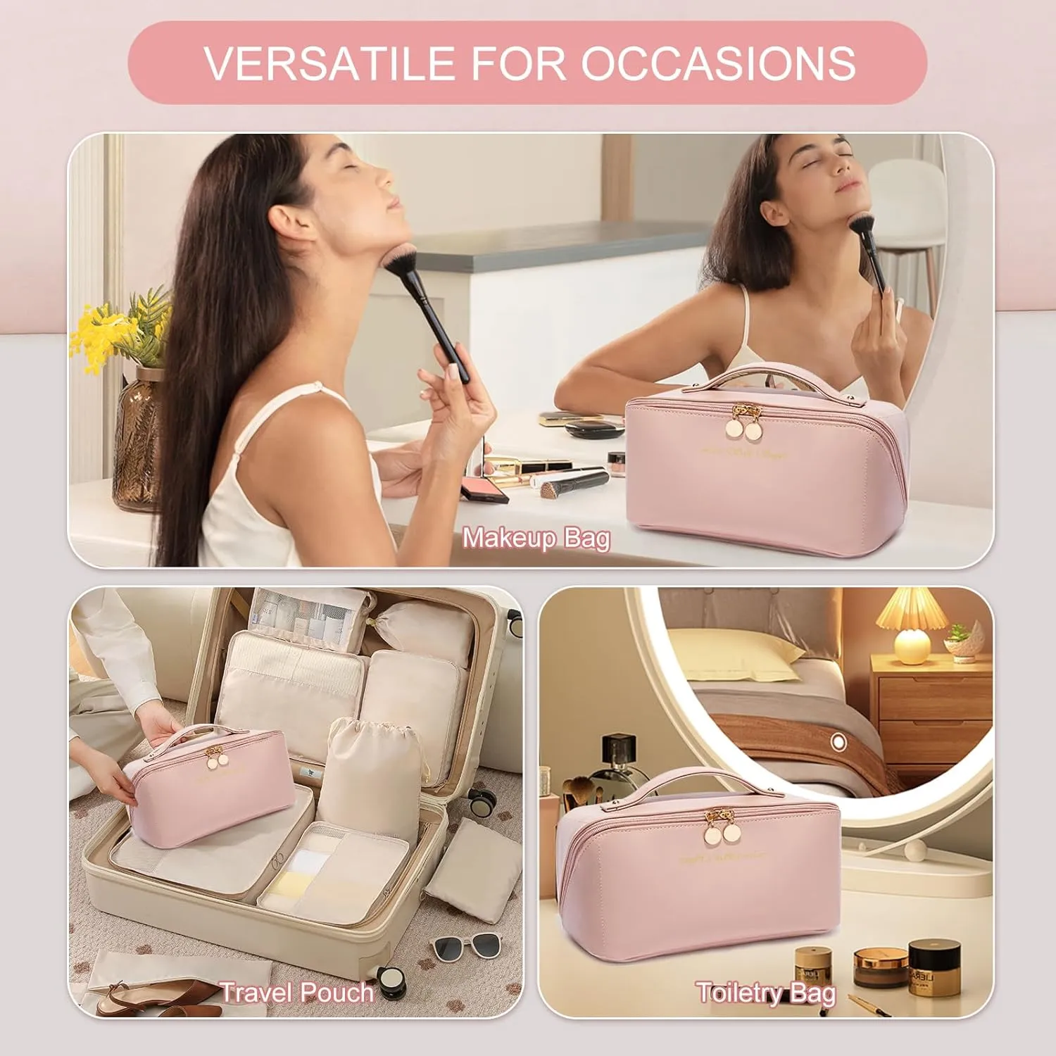 Pink Makeup Bag Cosmetic Bags for Women,Portable Large Makeup Cosmetic Bag Travel Organizer for Accessories With Divider & Handle