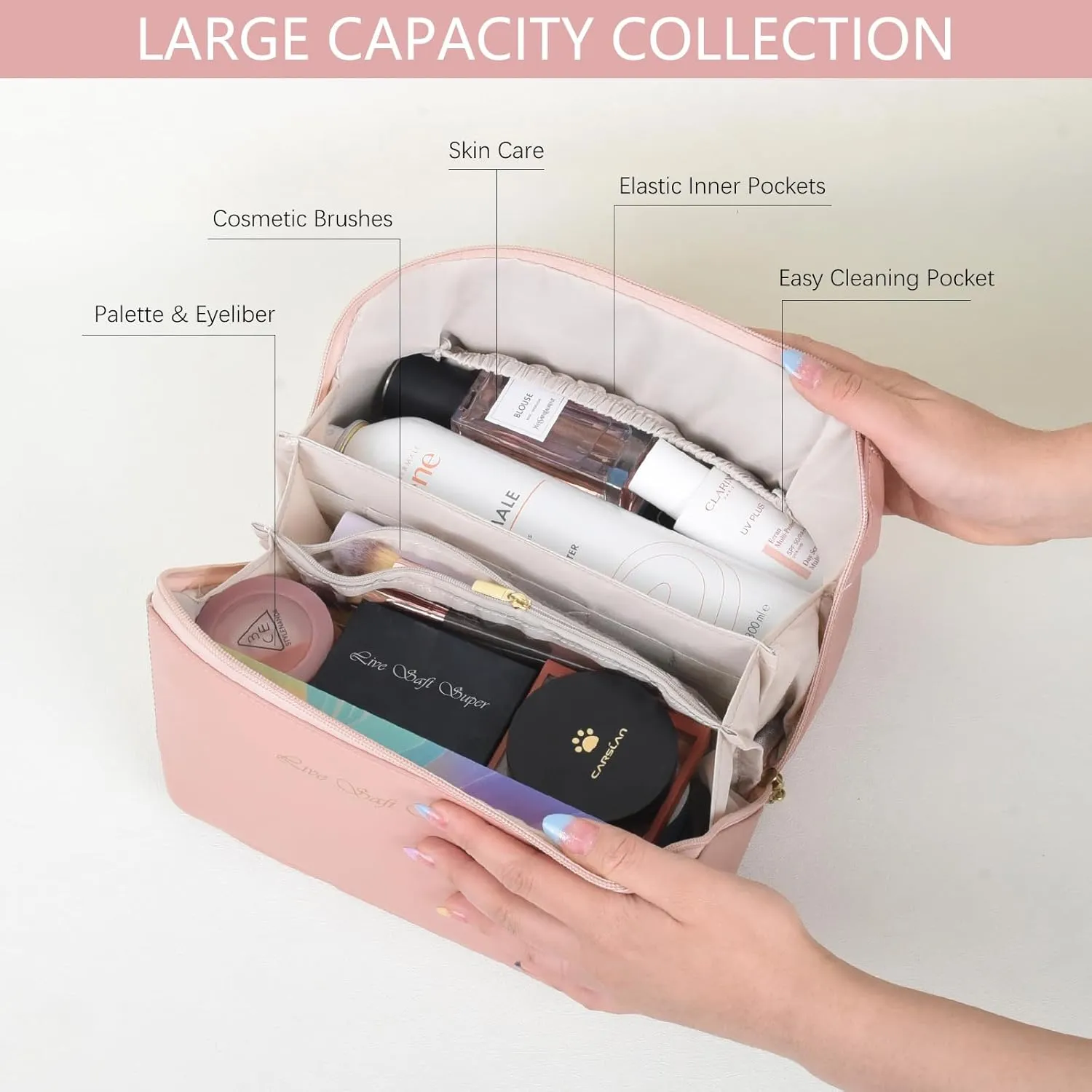 Pink Makeup Bag Cosmetic Bags for Women,Portable Large Makeup Cosmetic Bag Travel Organizer for Accessories With Divider & Handle