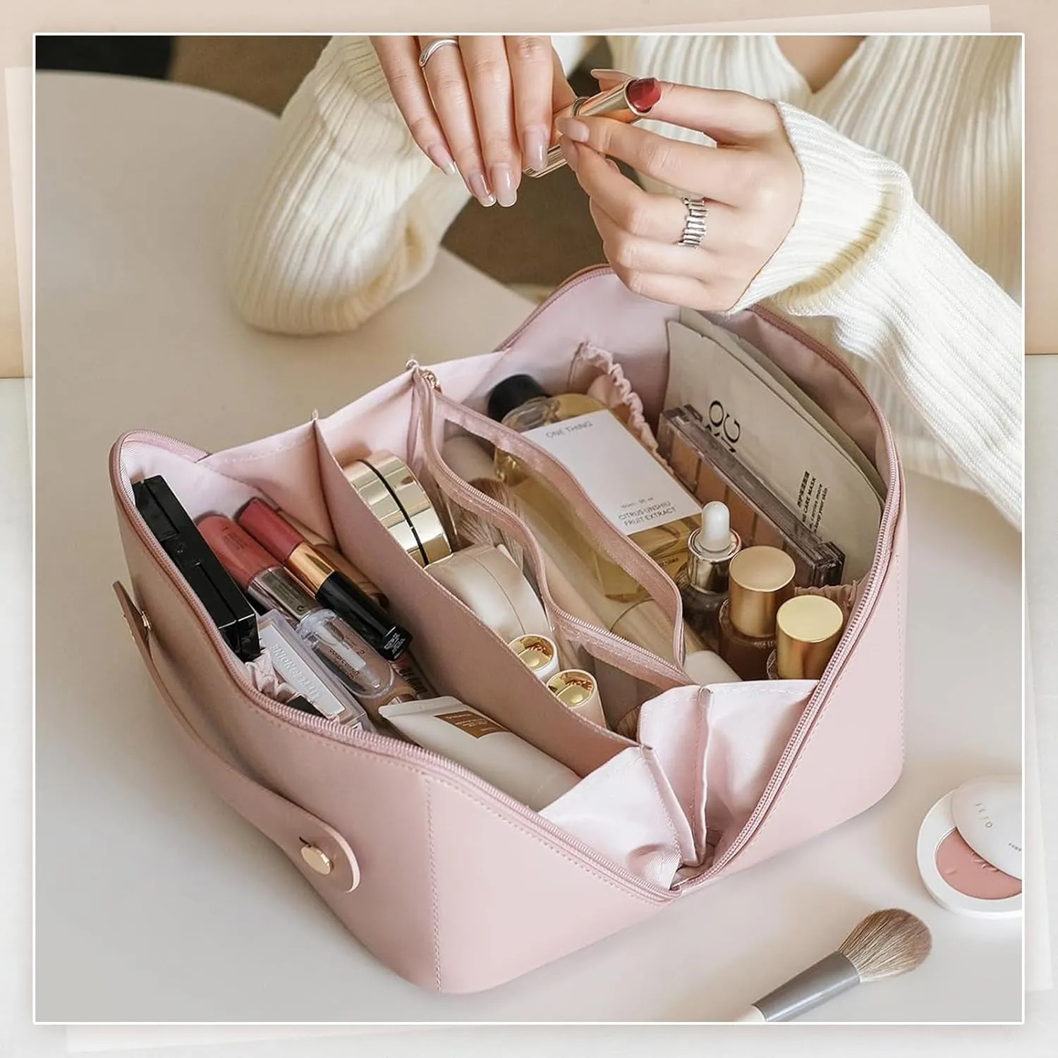 Pink Makeup Bag Cosmetic Bags for Women,Portable Large Makeup Cosmetic Bag Travel Organizer for Accessories With Divider & Handle
