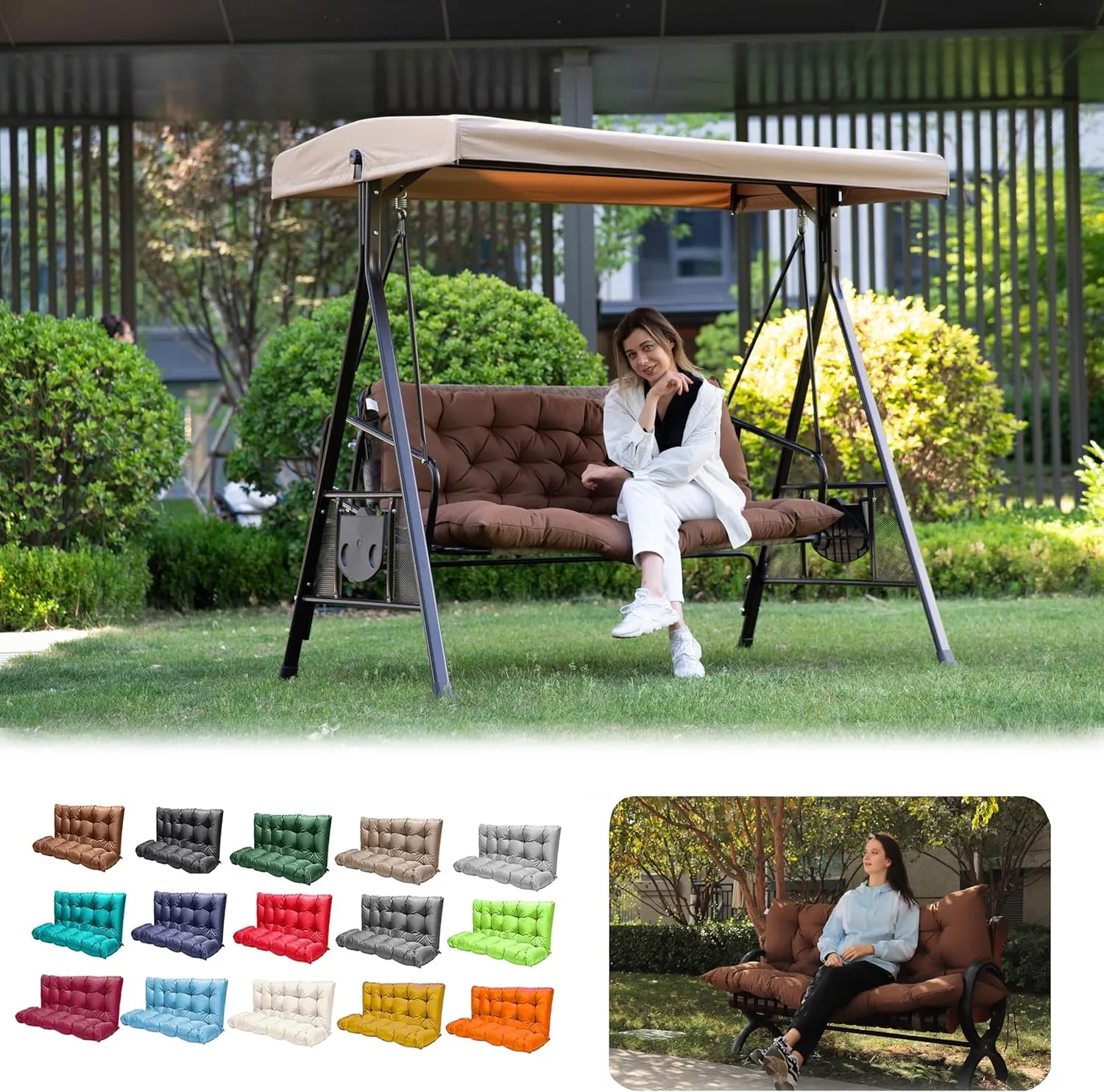 Porch Swing Cushions, Outdoor 3 Seats Swing Cushion Replacement Pad with Backrest, Waterproof Bench Cushion with Ties, for Porch,Garden,Backyard Furniture Patio Lounger (Coffee 60 * 40 in)