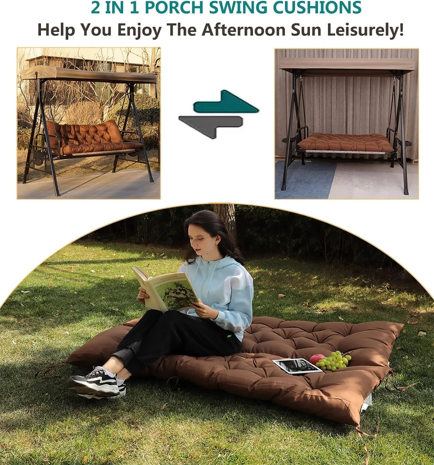 Porch Swing Cushions, Outdoor 3 Seats Swing Cushion Replacement Pad with Backrest, Waterproof Bench Cushion with Ties, for Porch,Garden,Backyard Furniture Patio Lounger (Coffee 60 * 40 in)