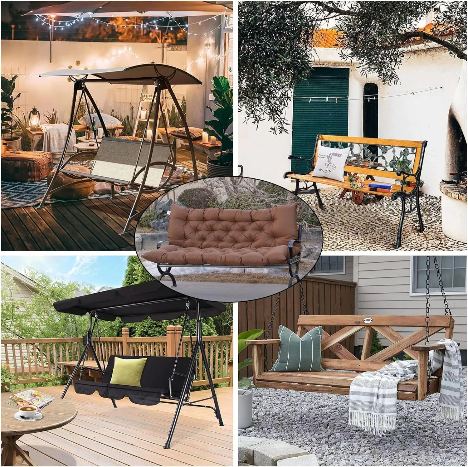 Porch Swing Cushions, Outdoor 3 Seats Swing Cushion Replacement Pad with Backrest, Waterproof Bench Cushion with Ties, for Porch,Garden,Backyard Furniture Patio Lounger (Coffee 60 * 40 in)