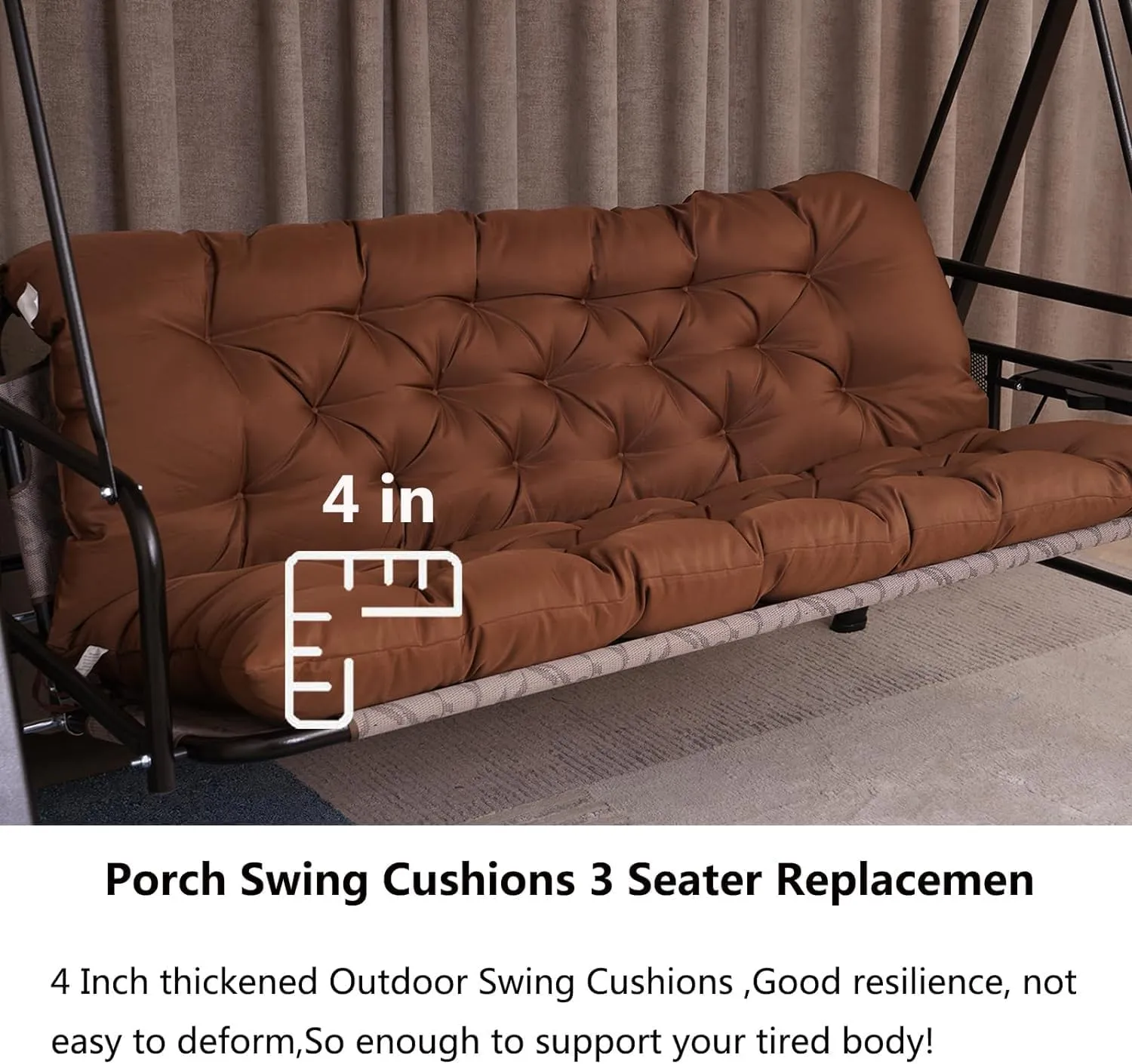 Porch Swing Cushions, Outdoor 3 Seats Swing Cushion Replacement Pad with Backrest, Waterproof Bench Cushion with Ties, for Porch,Garden,Backyard Furniture Patio Lounger (Coffee 60 * 40 in)