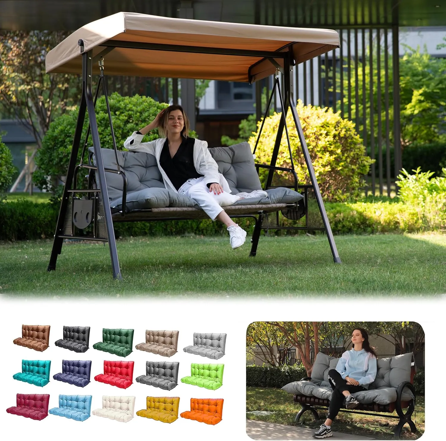 Porch Swing Cushions, Outdoor 3 Seats Swing Cushion Replacement Pad with Backrest, Waterproof Bench Cushion with Ties, for Porch,Garden,Backyard Furniture Patio Lounger (Light Gray 60 * 40 in)