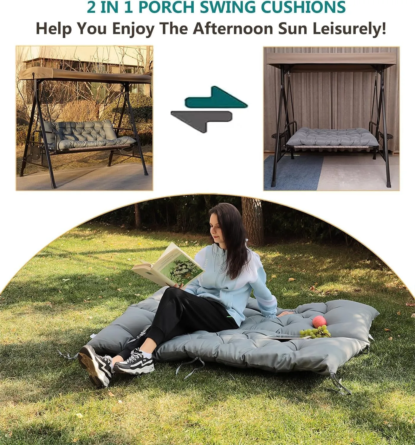 Porch Swing Cushions, Outdoor 3 Seats Swing Cushion Replacement Pad with Backrest, Waterproof Bench Cushion with Ties, for Porch,Garden,Backyard Furniture Patio Lounger (Light Gray 60 * 40 in)
