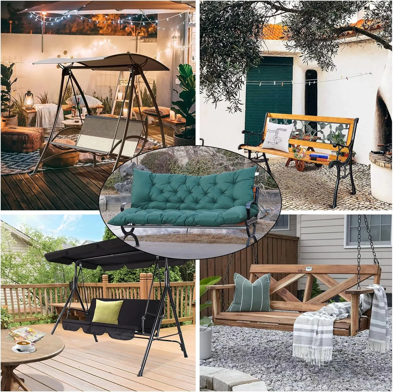 Porch Swing Cushions, Outdoor Swing Replacement Cushions 3 Seater with Backrest, Waterproof Bench Cushion with Ties,for Patio,Porch, Garden,Backyard (Green 60 * 40 in)