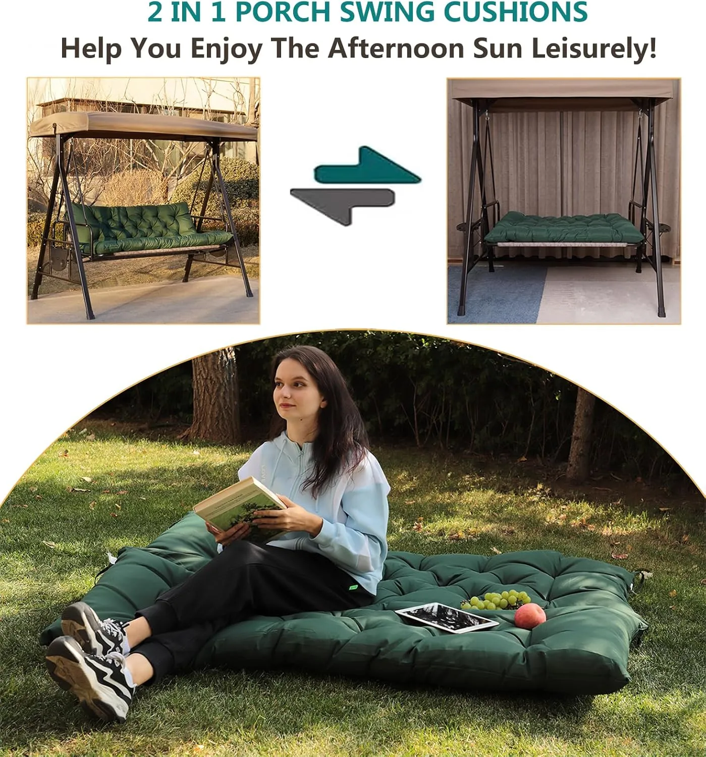 Porch Swing Cushions, Outdoor Swing Replacement Cushions 3 Seater with Backrest, Waterproof Bench Cushion with Ties,for Patio,Porch, Garden,Backyard (Green 60 * 40 in)