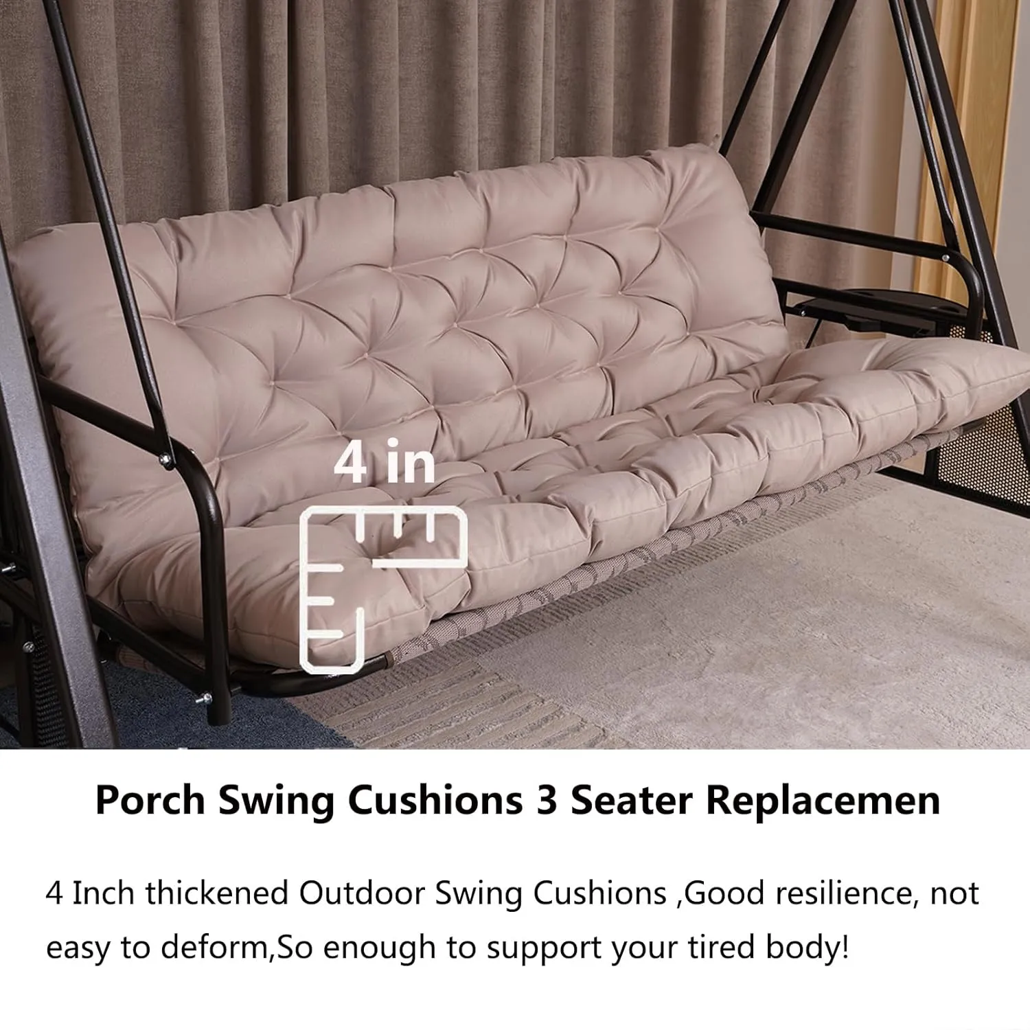 Porch Swing Cushions, Outdoor Swing Replacement Cushions 3 Seater with Backrest, Waterproof Bench Cushion with Ties,for Patio,Porch, Garden,Backyard (Khaki 60 * 40 in)