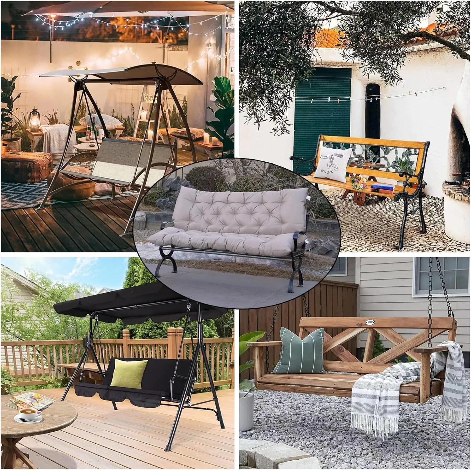 Porch Swing Cushions, Outdoor Swing Replacement Cushions 3 Seater with Backrest, Waterproof Bench Cushion with Ties,for Patio,Porch, Garden,Backyard (Khaki 60 * 40 in)