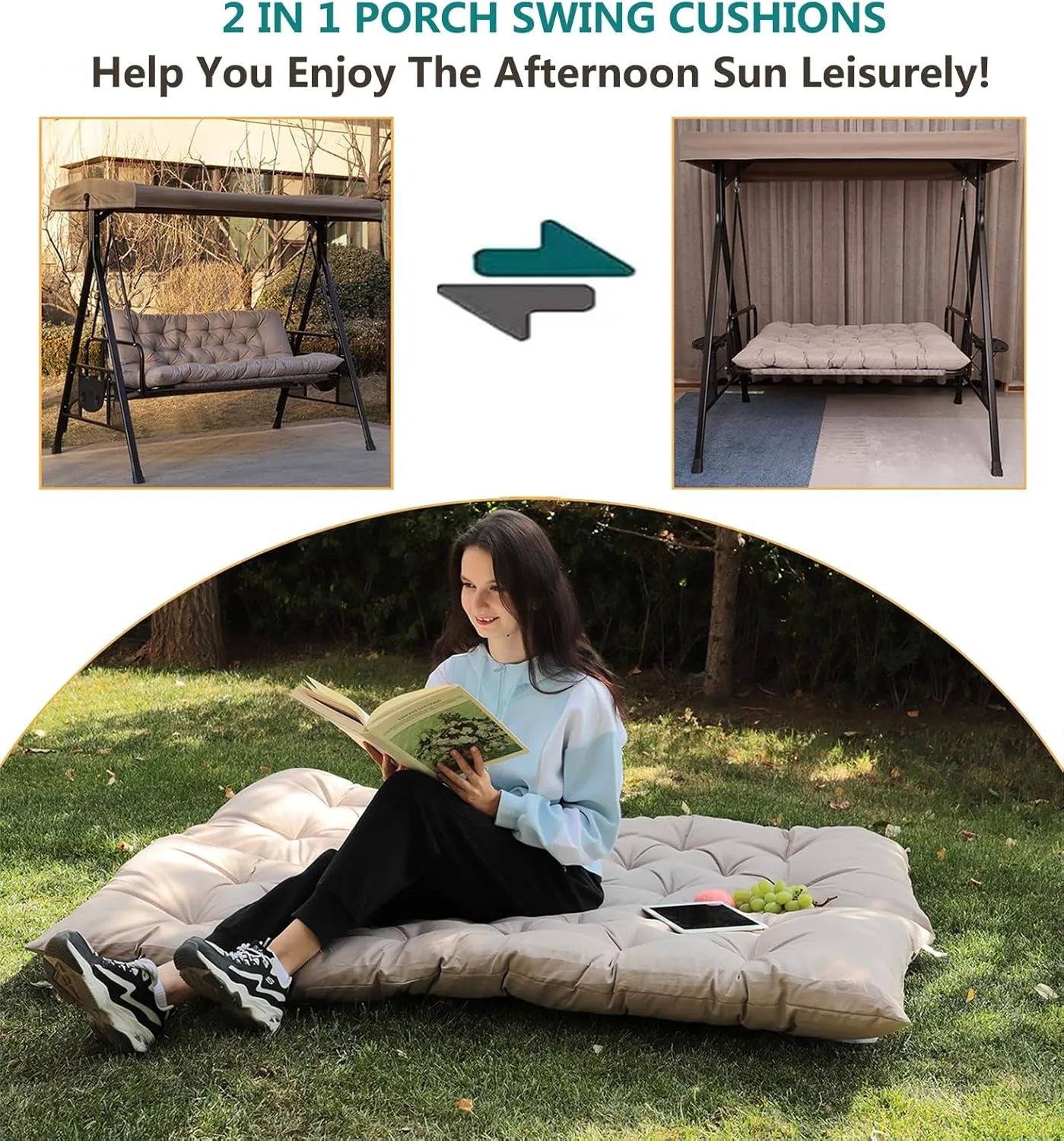 Porch Swing Cushions, Outdoor Swing Replacement Cushions 3 Seater with Backrest, Waterproof Bench Cushion with Ties,for Patio,Porch, Garden,Backyard (Khaki 60 * 40 in)