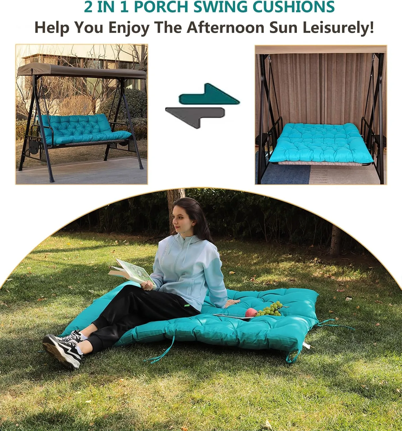 Porch Swing Cushions, Outdoor Swing Replacement Cushions 3 Seater with Backrest, Waterproof Bench Cushion with Ties,for Patio,Porch, Garden,Backyard (Lake Blue 60 * 40 in)