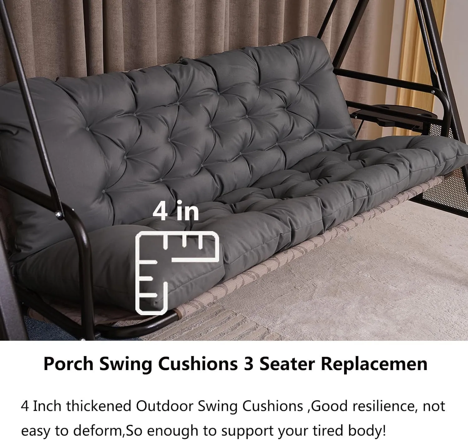 Porch Swing Cushions,Outdoor 3 Seats Swing Cushion Replacement Pad with Backrest,Waterproof Bench Cushion with Ties, for Porch,Garden,Backyard Furniture Patio Lounger (Dark Gray 60 * 40in)