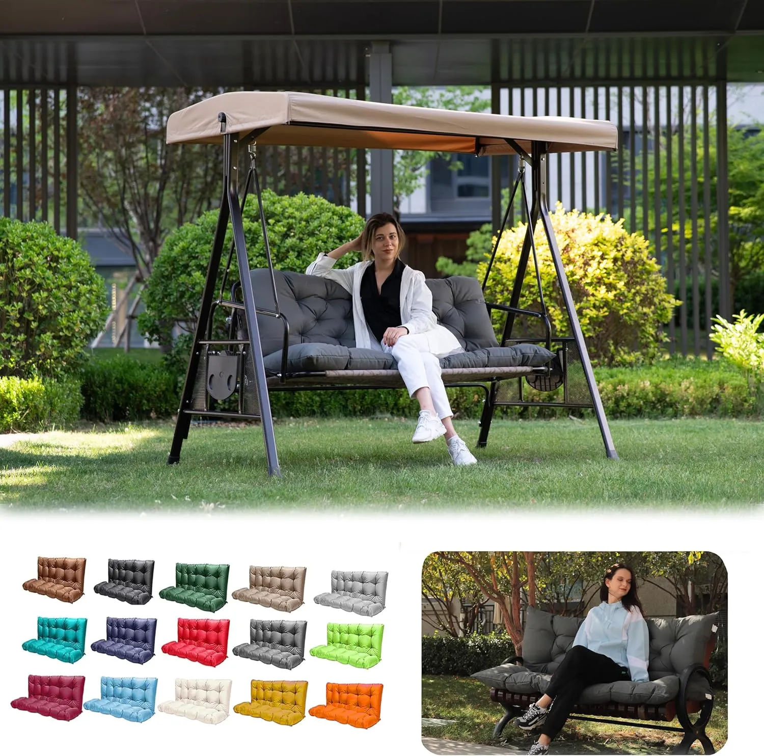 Porch Swing Cushions,Outdoor 3 Seats Swing Cushion Replacement Pad with Backrest,Waterproof Bench Cushion with Ties, for Porch,Garden,Backyard Furniture Patio Lounger (Dark Gray 60 * 40in)