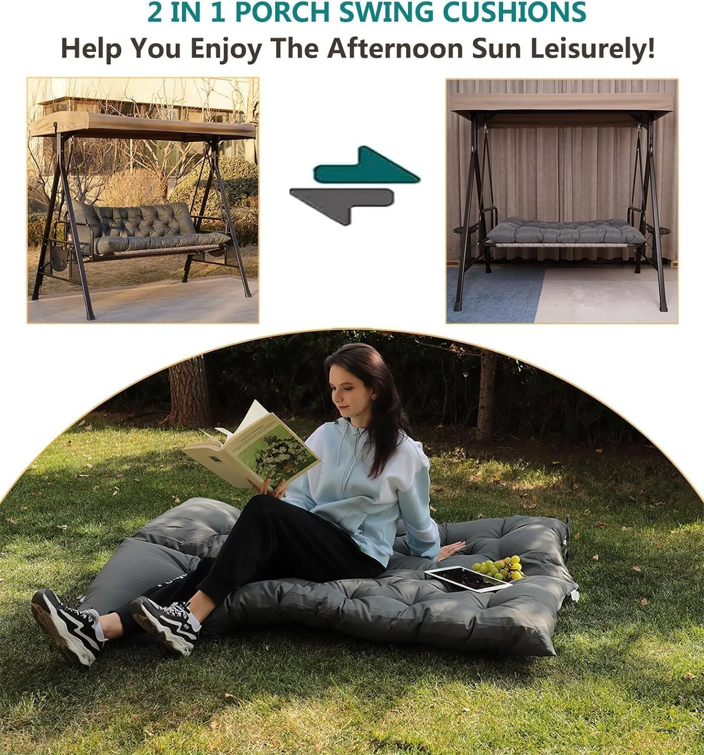 Porch Swing Cushions,Outdoor 3 Seats Swing Cushion Replacement Pad with Backrest,Waterproof Bench Cushion with Ties, for Porch,Garden,Backyard Furniture Patio Lounger (Dark Gray 60 * 40in)