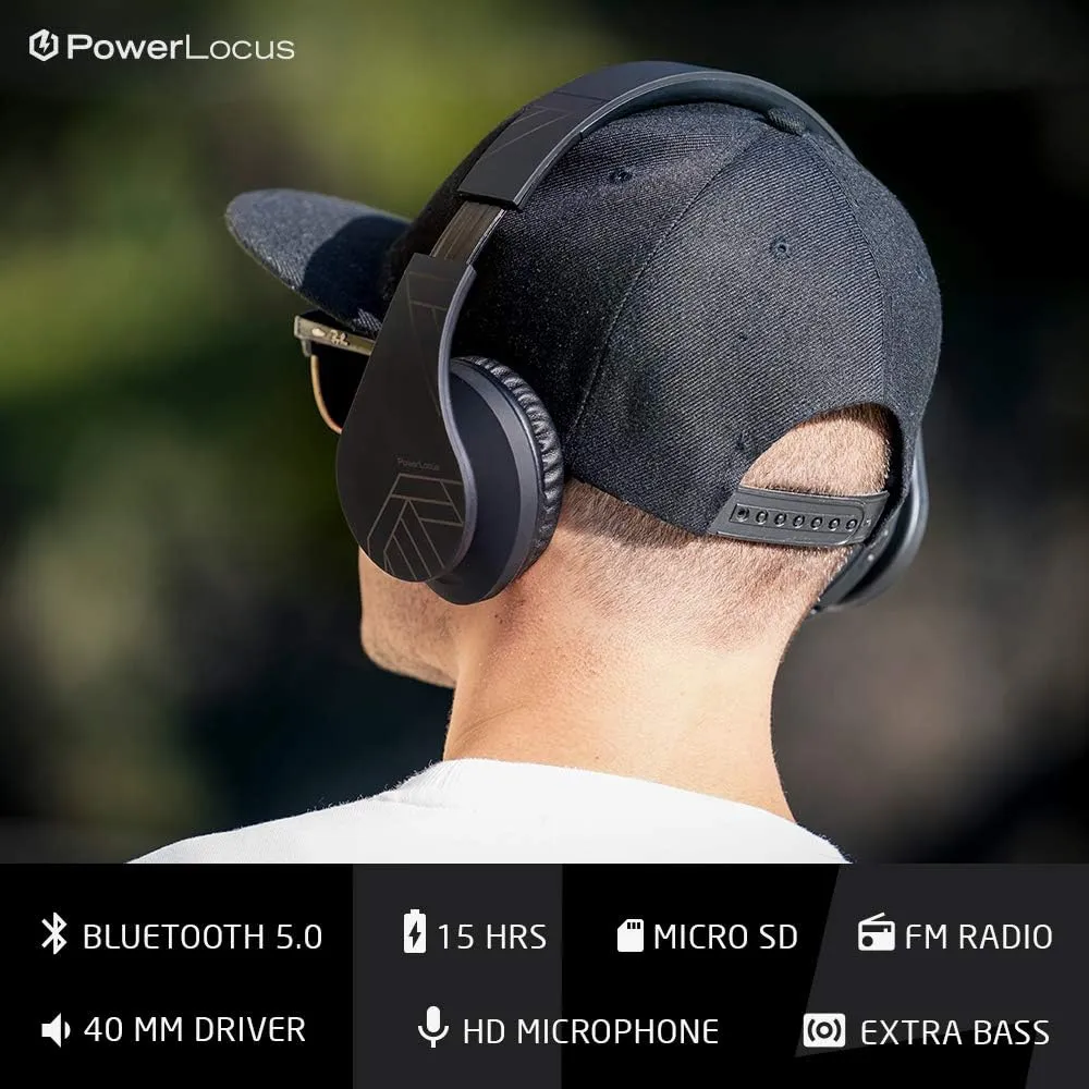 PowerLocus Bluetooth Over-Ear Headphones, Wireless Stereo Foldable Headphones Wireless and Wired Headsets with Built-in Mic, Micro SD/TF, FM for iPhone/Samsung/iPad/PC (Black)