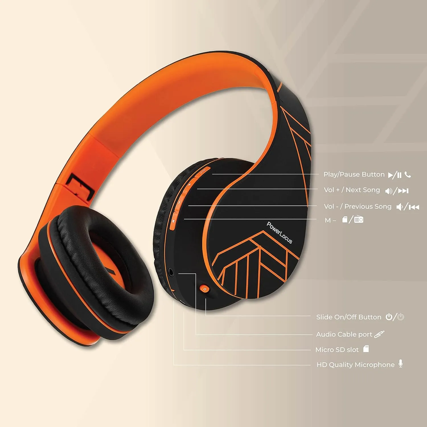 PowerLocus Bluetooth Over-Ear Headphones, Wireless Stereo Foldable Headphones Wireless and Wired Headsets with Built-in Mic, Micro SD/TF, FM for iPhone/Samsung/iPad/PC (Black/Orange)