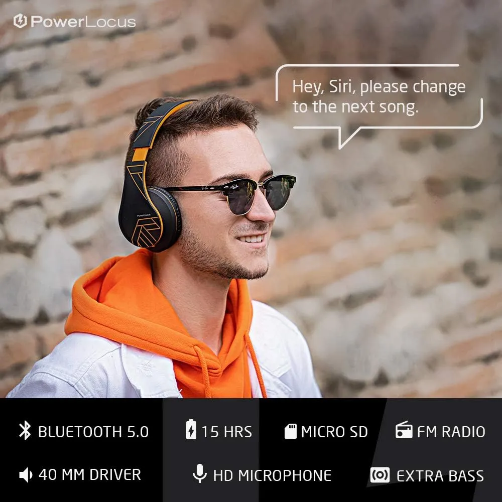 PowerLocus Bluetooth Over-Ear Headphones, Wireless Stereo Foldable Headphones Wireless and Wired Headsets with Built-in Mic, Micro SD/TF, FM for iPhone/Samsung/iPad/PC (Black/Orange)