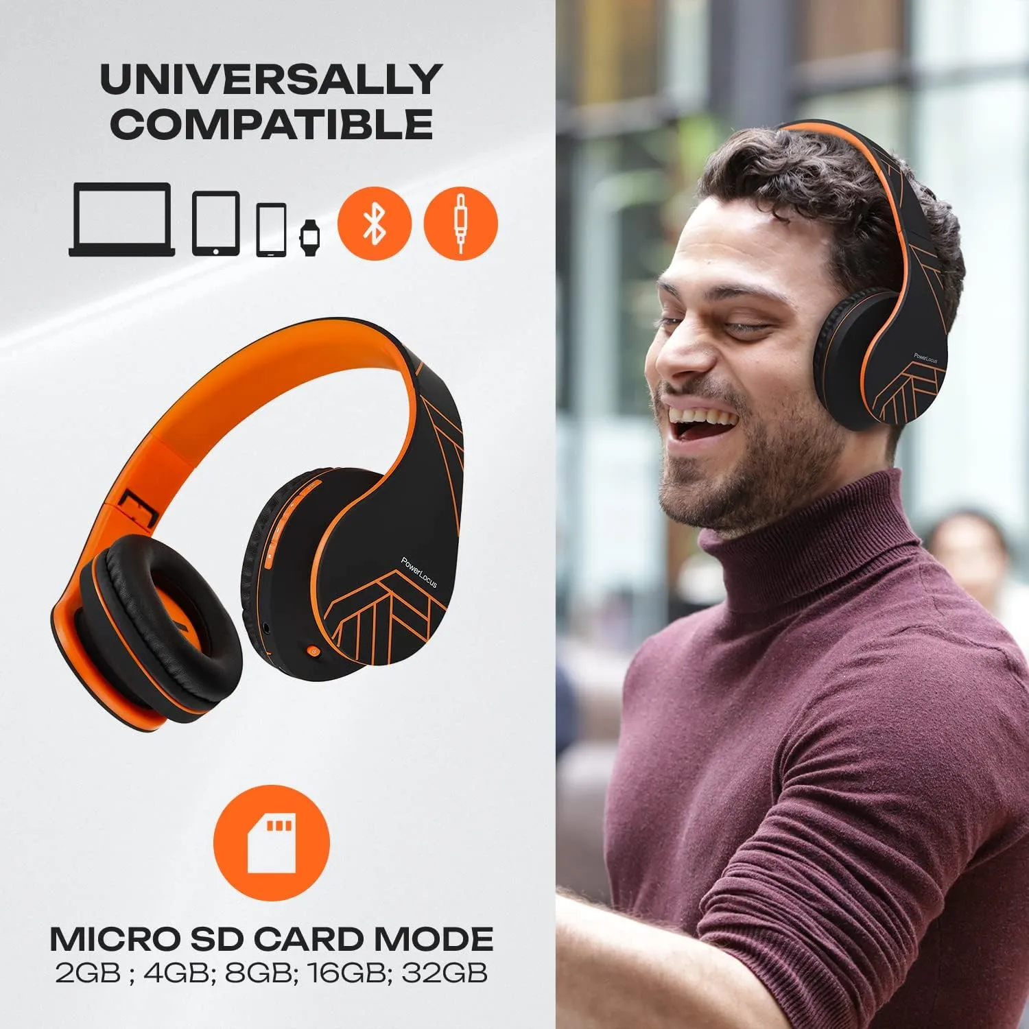 PowerLocus Bluetooth Over-Ear Headphones, Wireless Stereo Foldable Headphones Wireless and Wired Headsets with Built-in Mic, Micro SD/TF, FM for iPhone/Samsung/iPad/PC (Black/Orange)
