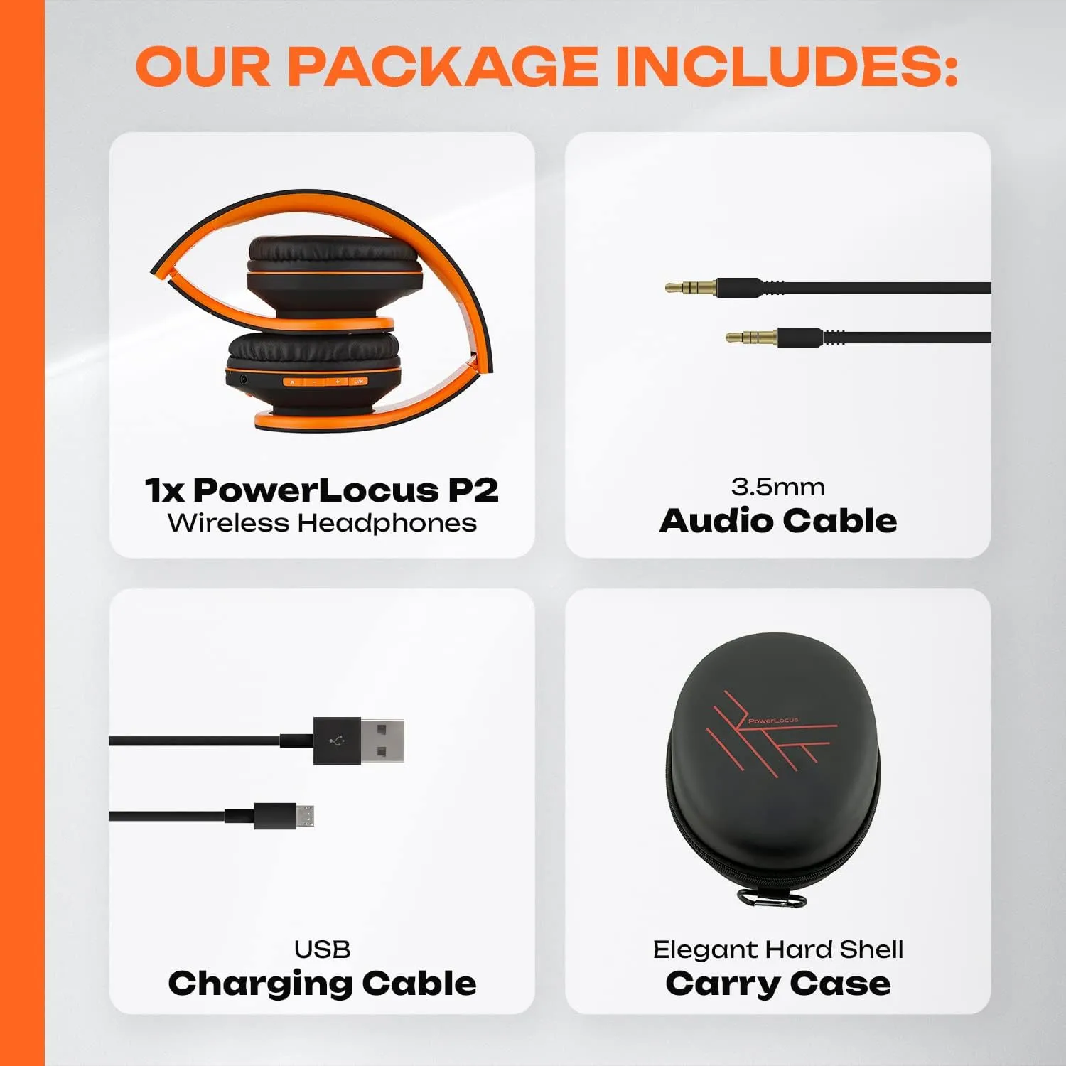 PowerLocus Bluetooth Over-Ear Headphones, Wireless Stereo Foldable Headphones Wireless and Wired Headsets with Built-in Mic, Micro SD/TF, FM for iPhone/Samsung/iPad/PC (Black/Orange)