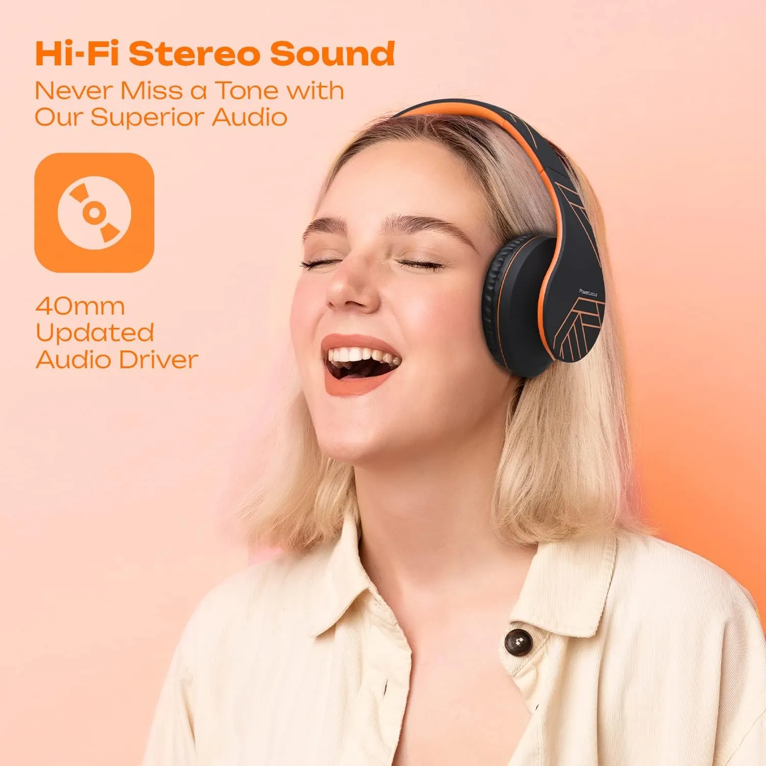 PowerLocus Bluetooth Over-Ear Headphones, Wireless Stereo Foldable Headphones Wireless and Wired Headsets with Built-in Mic, Micro SD/TF, FM for iPhone/Samsung/iPad/PC (Black/Orange)