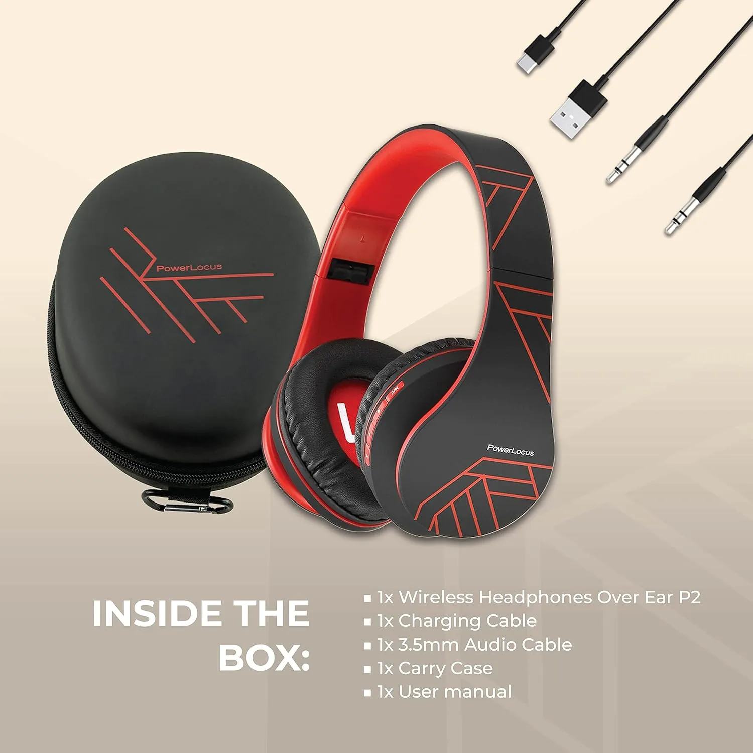 PowerLocus Bluetooth Over-Ear Headphones, Wireless Stereo Foldable Headphones Wireless and Wired Headsets with Built-in Mic, Micro SD/TF, FM for iPhone/Samsung/iPad/PC (Black/Red)