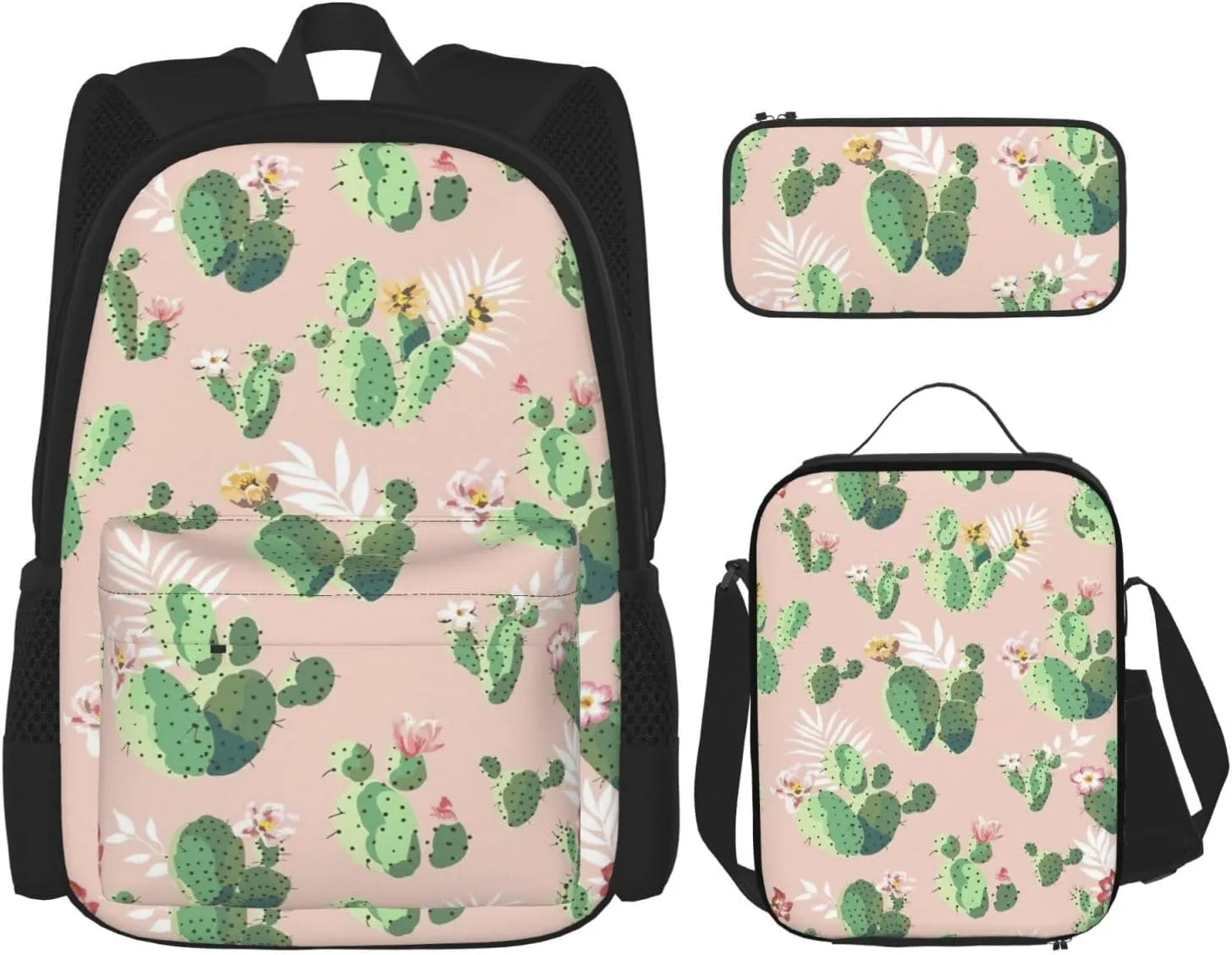 Premium Cactus Pattern Print 3-in-1 Backpack Set with Lunch Bag & Pencil Case Portable Bag Set