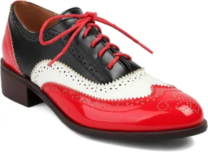PU Leather British Oxford Vintage Mixed Color Lace Up Brogue Flats with Pointed Toe and Chunky Low Heel for Daily Office Casual Wear Stylish Patchwork Oxford Pumps