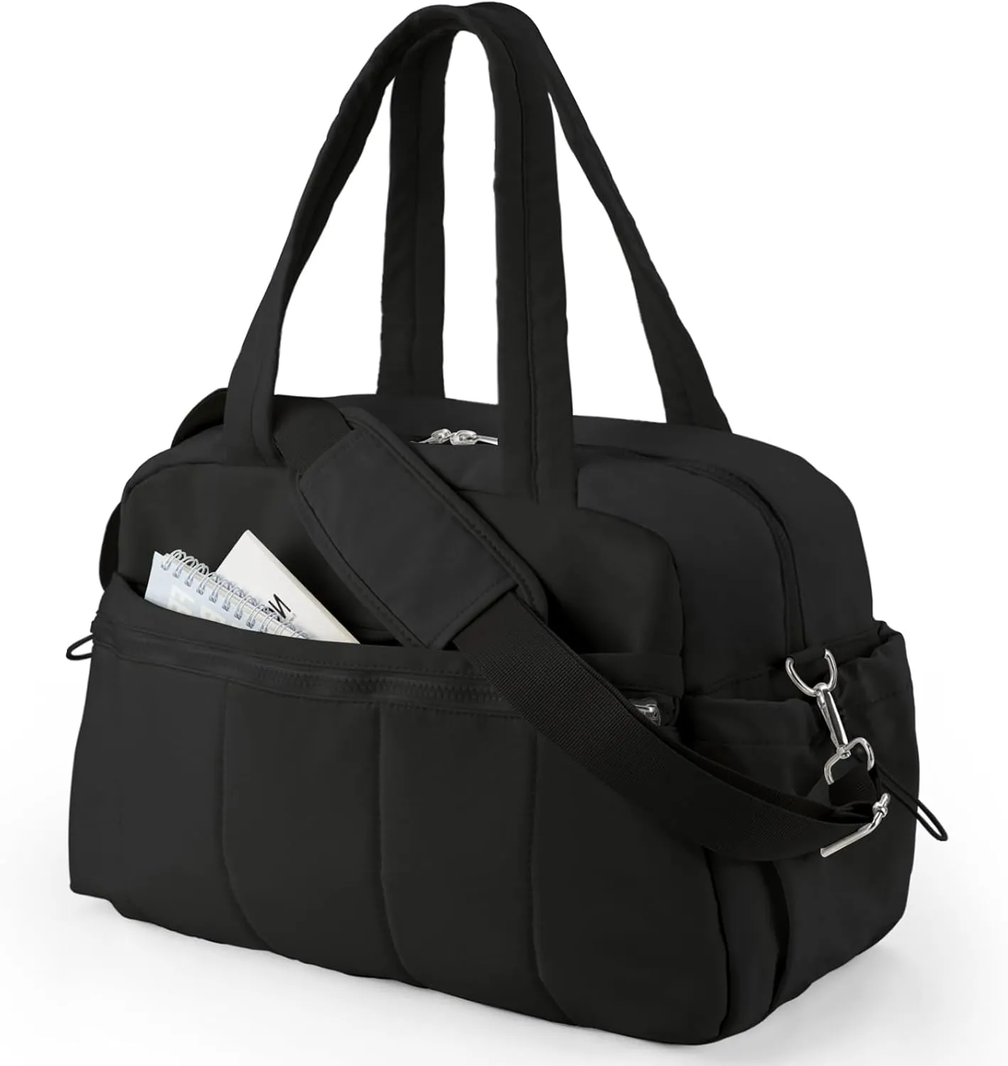 Puffer Gym Bag for Women, Travel Duffle Bag for Airplanes with Wet Pocket, Small Weekender Bags for Women, Carry on Workout Overnight Duffel Bag for Hospital, Sport, Yoga, Black