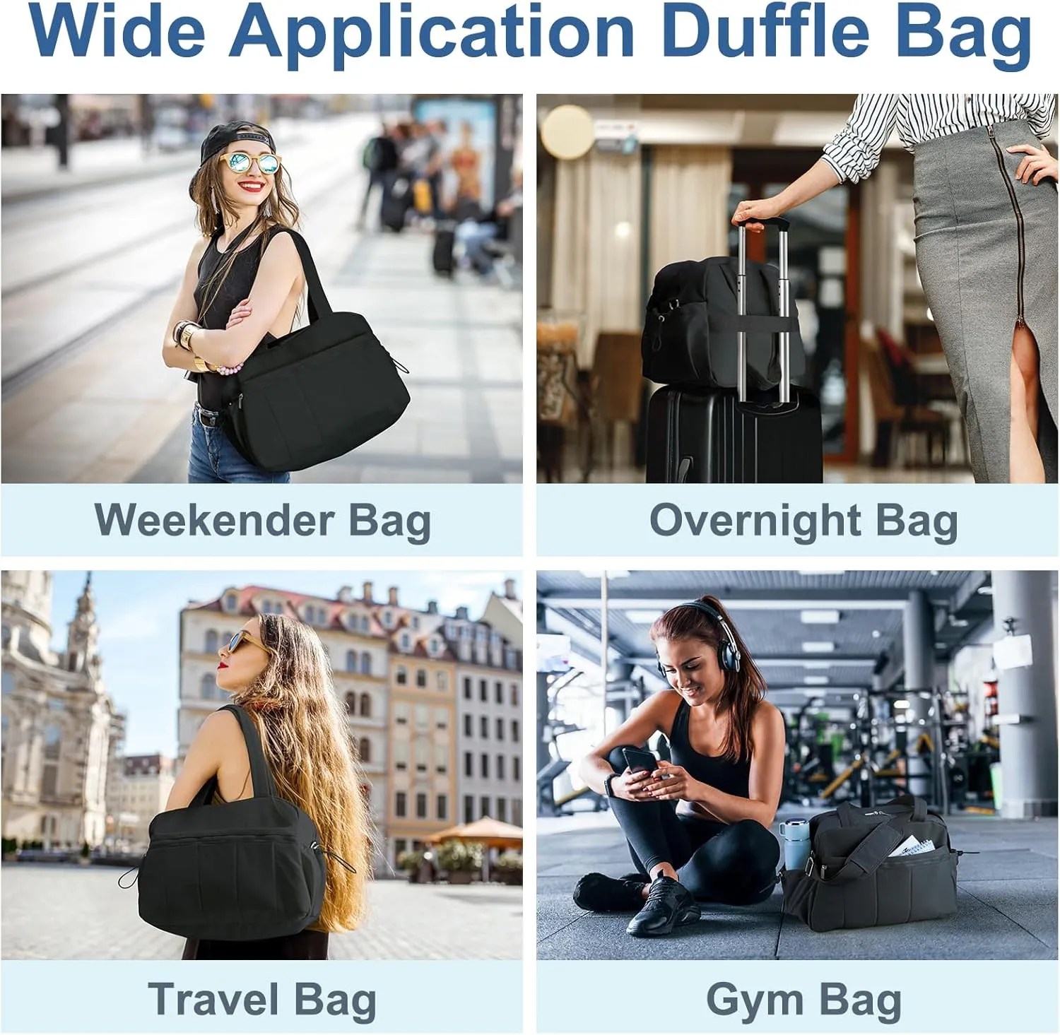 Puffer Gym Bag for Women, Travel Duffle Bag for Airplanes with Wet Pocket, Small Weekender Bags for Women, Carry on Workout Overnight Duffel Bag for Hospital, Sport, Yoga, Black
