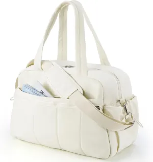 Puffer Gym Bag for Women, Travel Duffle Bag for Airplanes with Wet Pocket, Small Weekender Bags for Women, Carry on Workout Overnight Duffel Bag for Hospital, Sport, Yoga, White