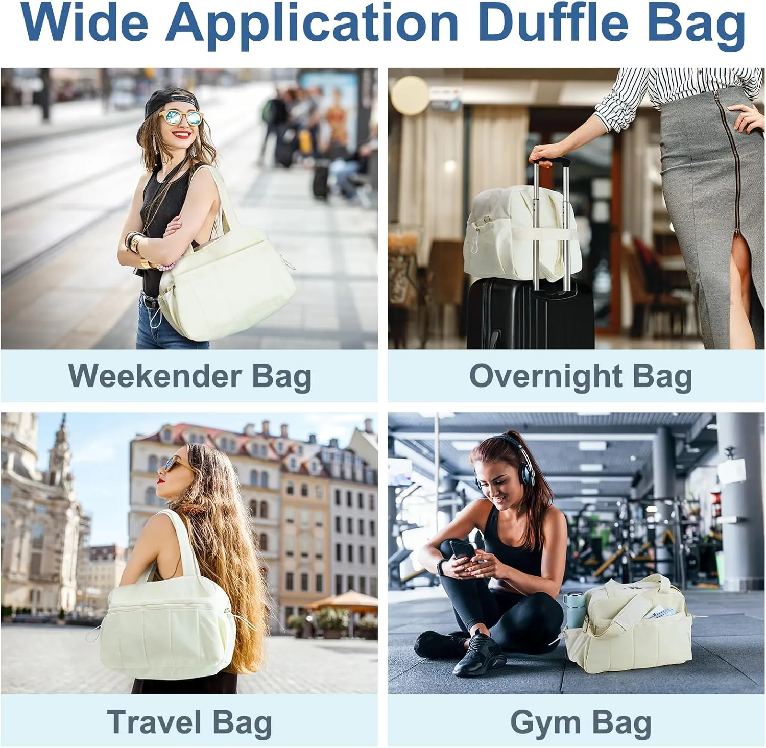Puffer Gym Bag for Women, Travel Duffle Bag for Airplanes with Wet Pocket, Small Weekender Bags for Women, Carry on Workout Overnight Duffel Bag for Hospital, Sport, Yoga, White