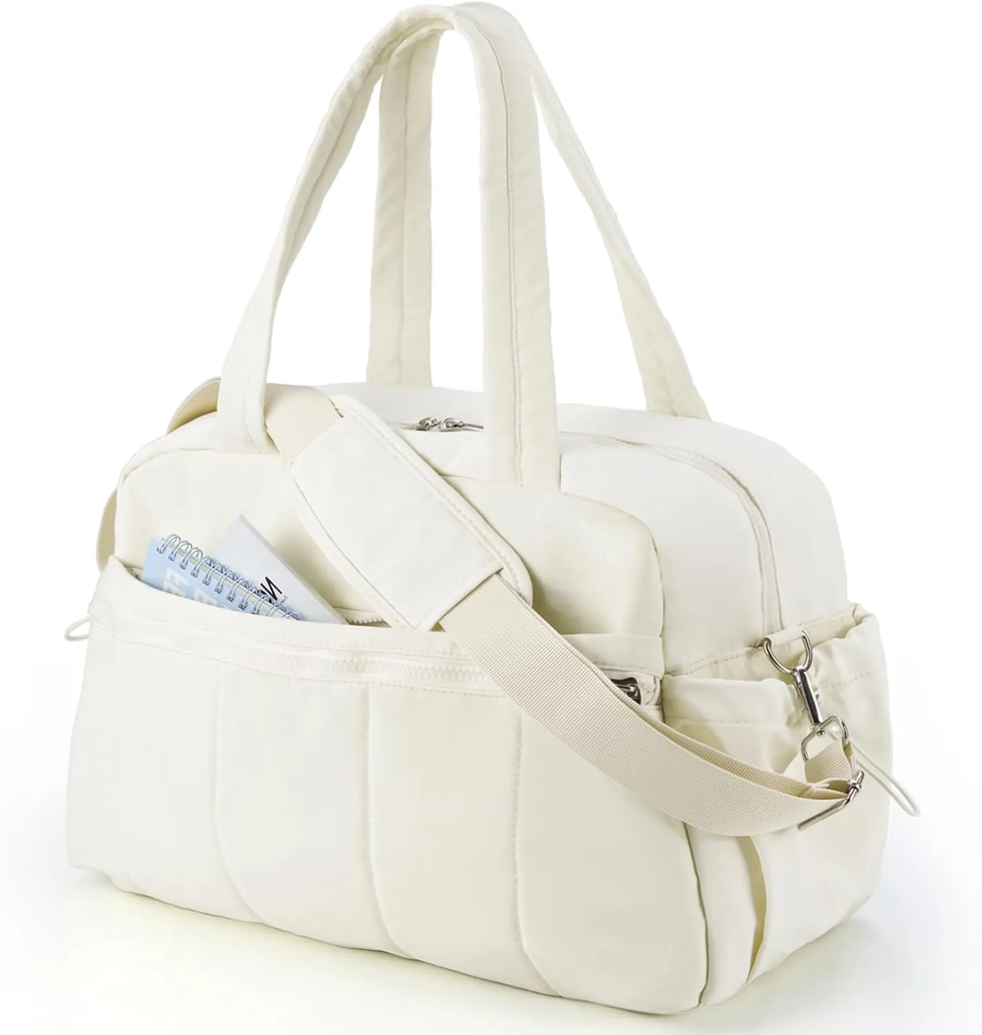 Puffer Gym Bag for Women, Travel Duffle Bag for Airplanes with Wet Pocket, Small Weekender Bags for Women, Carry on Workout Overnight Duffel Bag for Hospital, Sport, Yoga, White