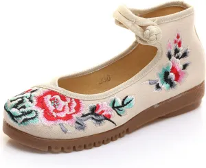 Qhome Women's Floral Embroidery Ethnic Style Strappy Comfortable Casual Walking Canvas Oxford Mary Jane Flat Shoes