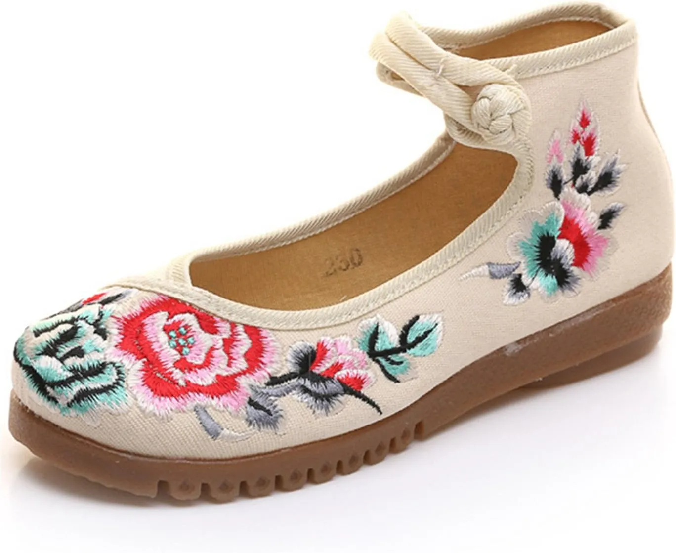 Qhome Women's Floral Embroidery Ethnic Style Strappy Comfortable Casual Walking Canvas Oxford Mary Jane Flat Shoes