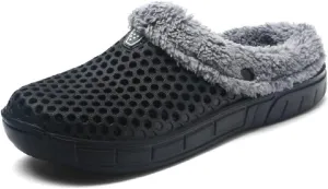 QISHENG Men's Women Mules Clogs Slip On Garden Shoes Fur Lined Slides Flip Flops Warm Winter Slipper Black