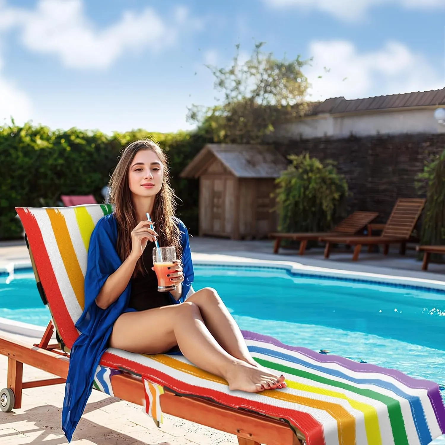 Rainbow Lounge Chair Cover -Colorful Beach Chair Cover with Side Pockets Soft Quick Dry Pool Chair Towel Cover for Outdoor Sun Lounger Sunbathing Garden Hotel Beach Pool, No Slide, 85x30 in