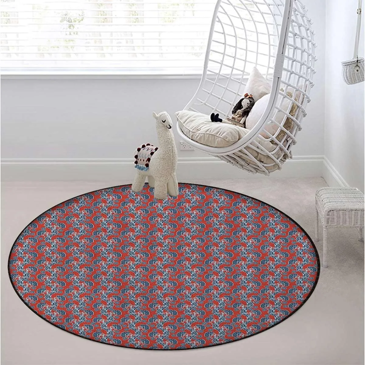 Red Blue Anti-Slip Chair Mat for Hardwood Floors & Carpets, Retro Fashion Garden Foliage Botanical Desk Chair Mat for Office, Gaming Room, and Home Use, Traditional Diameter 51 in
