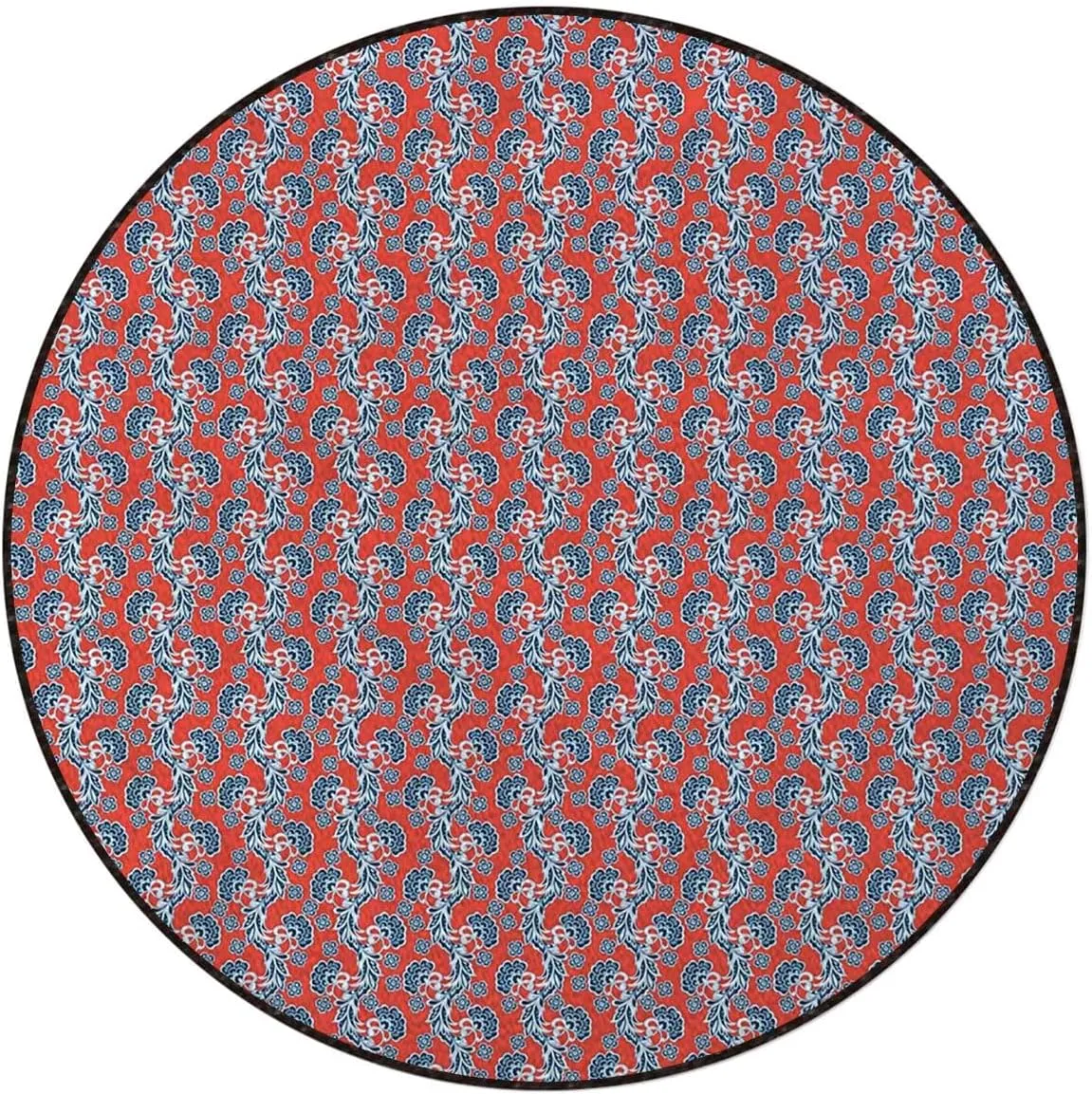 Red Blue Anti-Slip Chair Mat for Hardwood Floors & Carpets, Retro Fashion Garden Foliage Botanical Desk Chair Mat for Office, Gaming Room, and Home Use, Traditional Diameter 51 in
