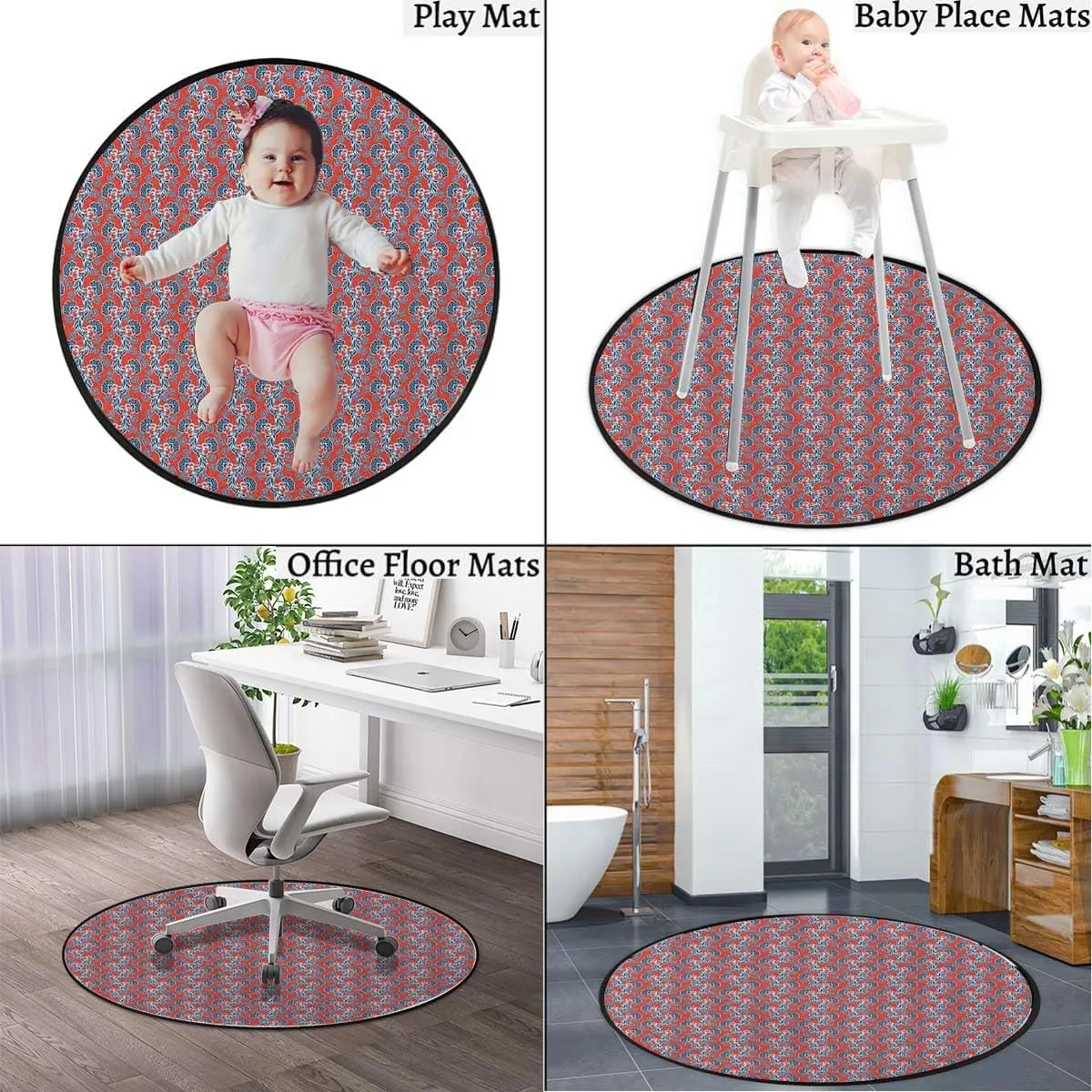 Red Blue Anti-Slip Chair Mat for Hardwood Floors & Carpets, Retro Fashion Garden Foliage Botanical Desk Chair Mat for Office, Gaming Room, and Home Use, Traditional Diameter 51 in
